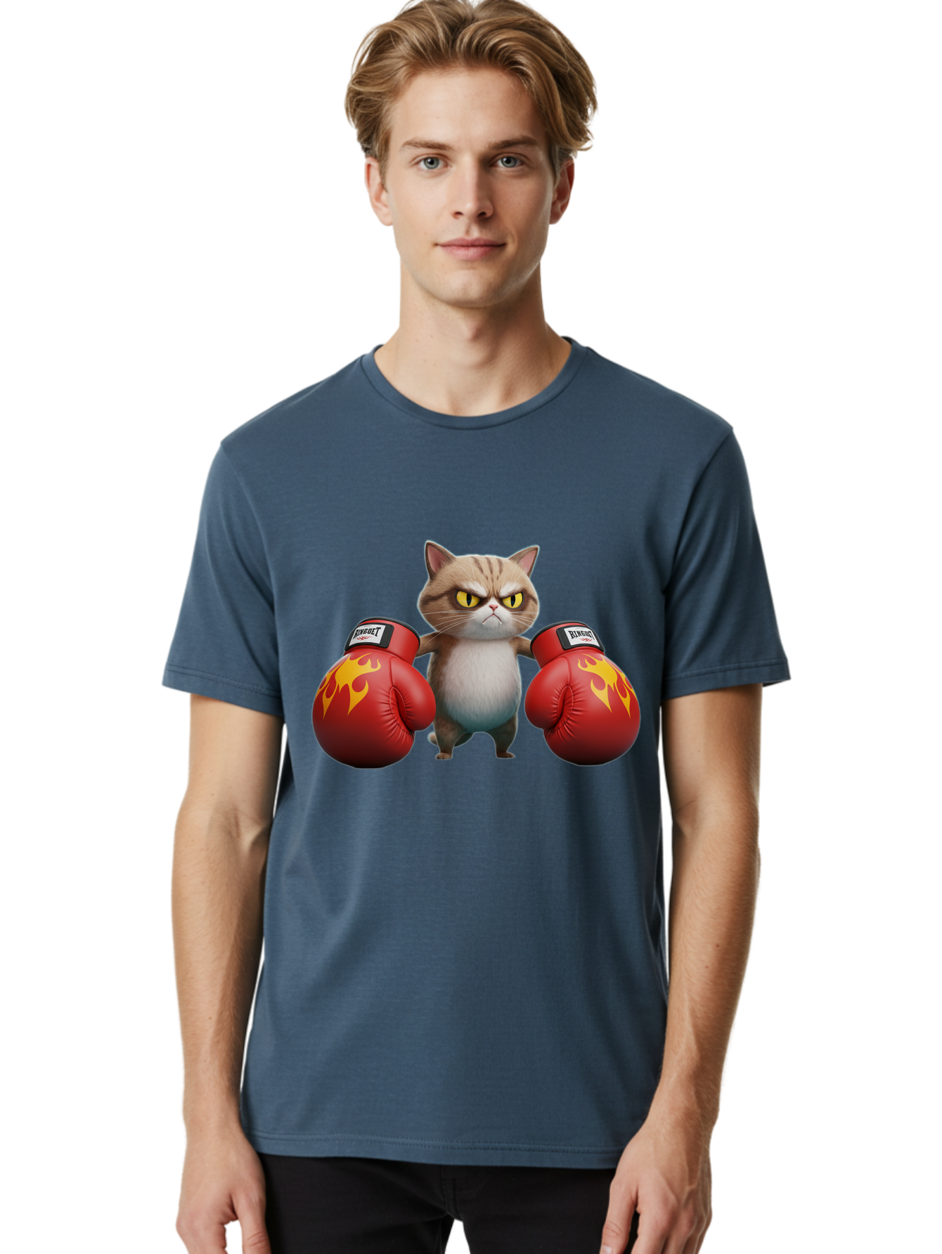 Expect-Cat-Boxer Men'S Graphic Tee, 100% Cotton, Comfortable Casual Summer Wear, Machine Washable, Aggressive Cat, Boxing Gloves, Fighting Cat, Expect Label, Feline Fighter, Cartoon Cat, Yellow Eyes, Red Gloves, Flame Design Bae444 17