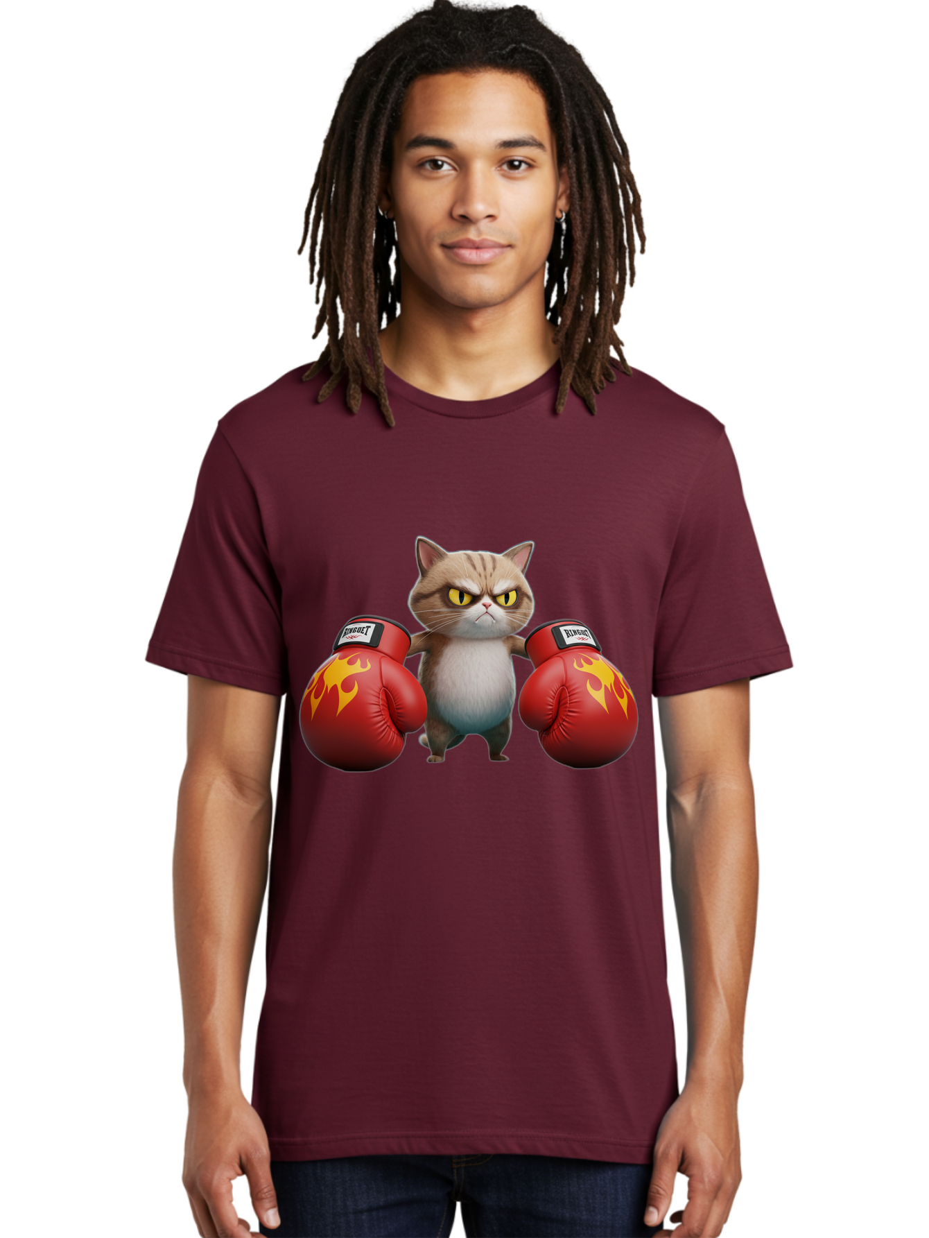 Expect-Cat-Boxer Men'S Graphic Tee, 100% Cotton, Comfortable Casual Summer Wear, Machine Washable, Aggressive Cat, Boxing Gloves, Fighting Cat, Expect Label, Feline Fighter, Cartoon Cat, Yellow Eyes, Red Gloves, Flame Design Bae444 20