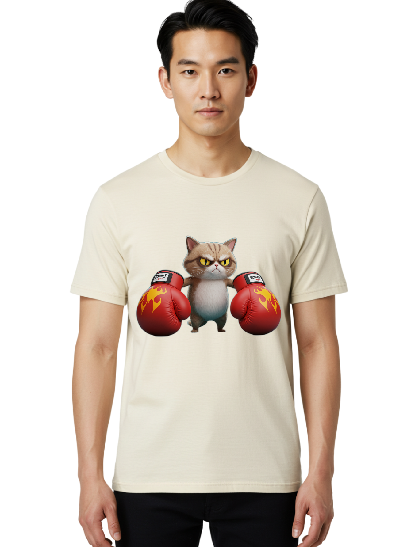 Expect-Cat-Boxer Men'S Graphic Tee, 100% Cotton, Comfortable Casual Summer Wear, Machine Washable, Aggressive Cat, Boxing Gloves, Fighting Cat, Expect Label, Feline Fighter, Cartoon Cat, Yellow Eyes, Red Gloves, Flame Design Bae444 29