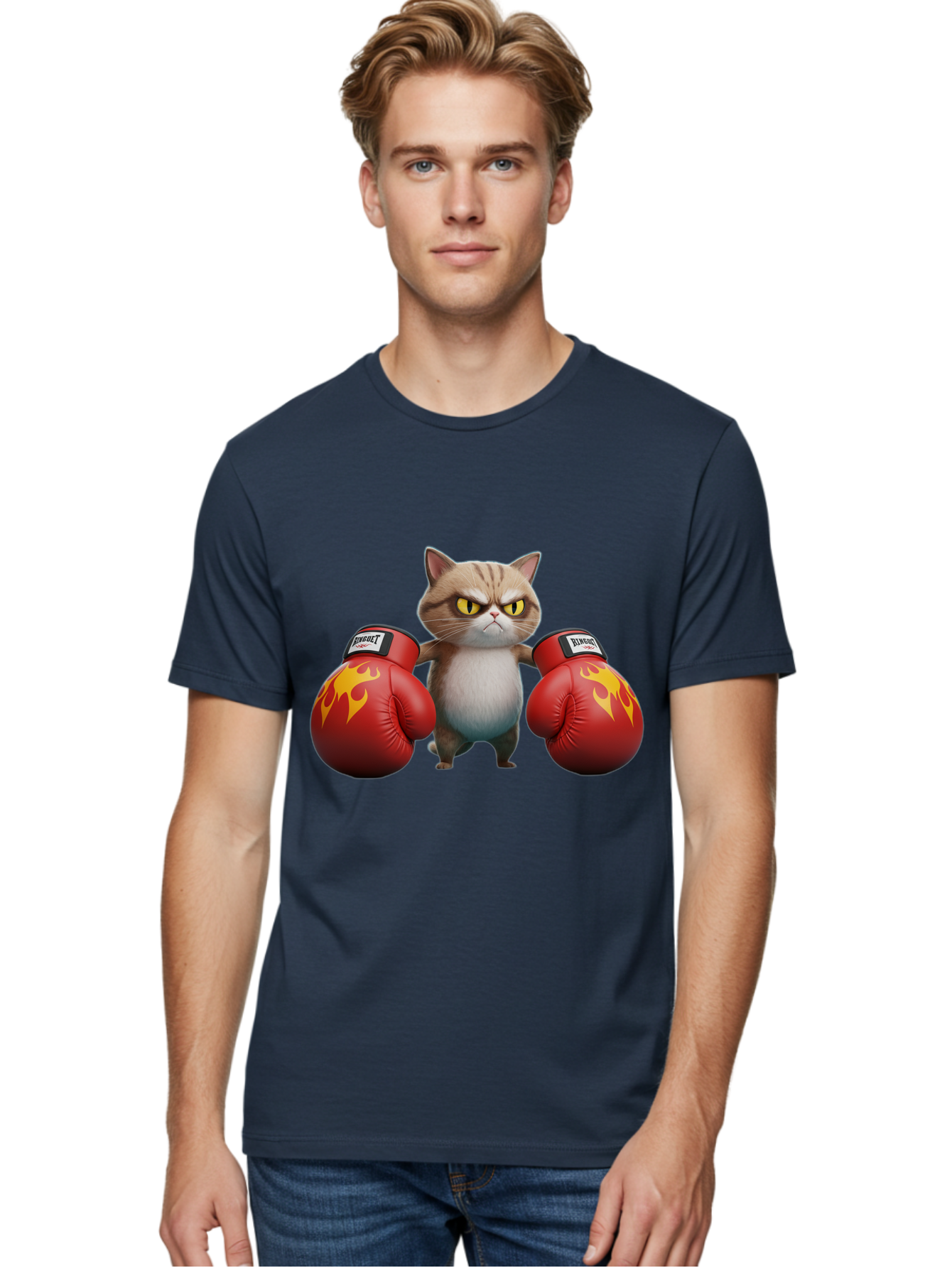Expect-Cat-Boxer Men'S Graphic Tee, 100% Cotton, Comfortable Casual Summer Wear, Machine Washable, Aggressive Cat, Boxing Gloves, Fighting Cat, Expect Label, Feline Fighter, Cartoon Cat, Yellow Eyes, Red Gloves, Flame Design Bae444 18