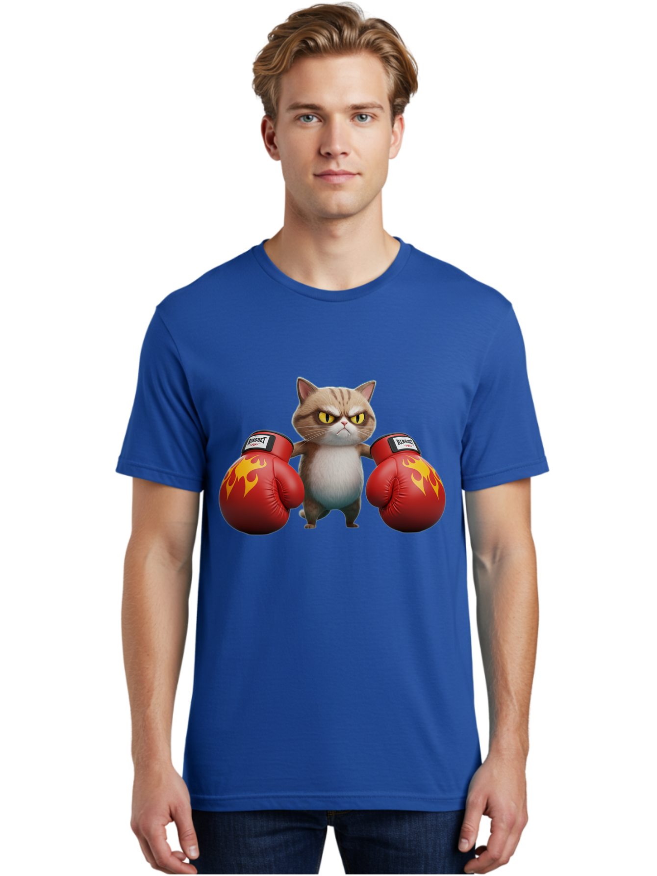 Expect-Cat-Boxer Men'S Graphic Tee, 100% Cotton, Comfortable Casual Summer Wear, Machine Washable, Aggressive Cat, Boxing Gloves, Fighting Cat, Expect Label, Feline Fighter, Cartoon Cat, Yellow Eyes, Red Gloves, Flame Design Bae444 24