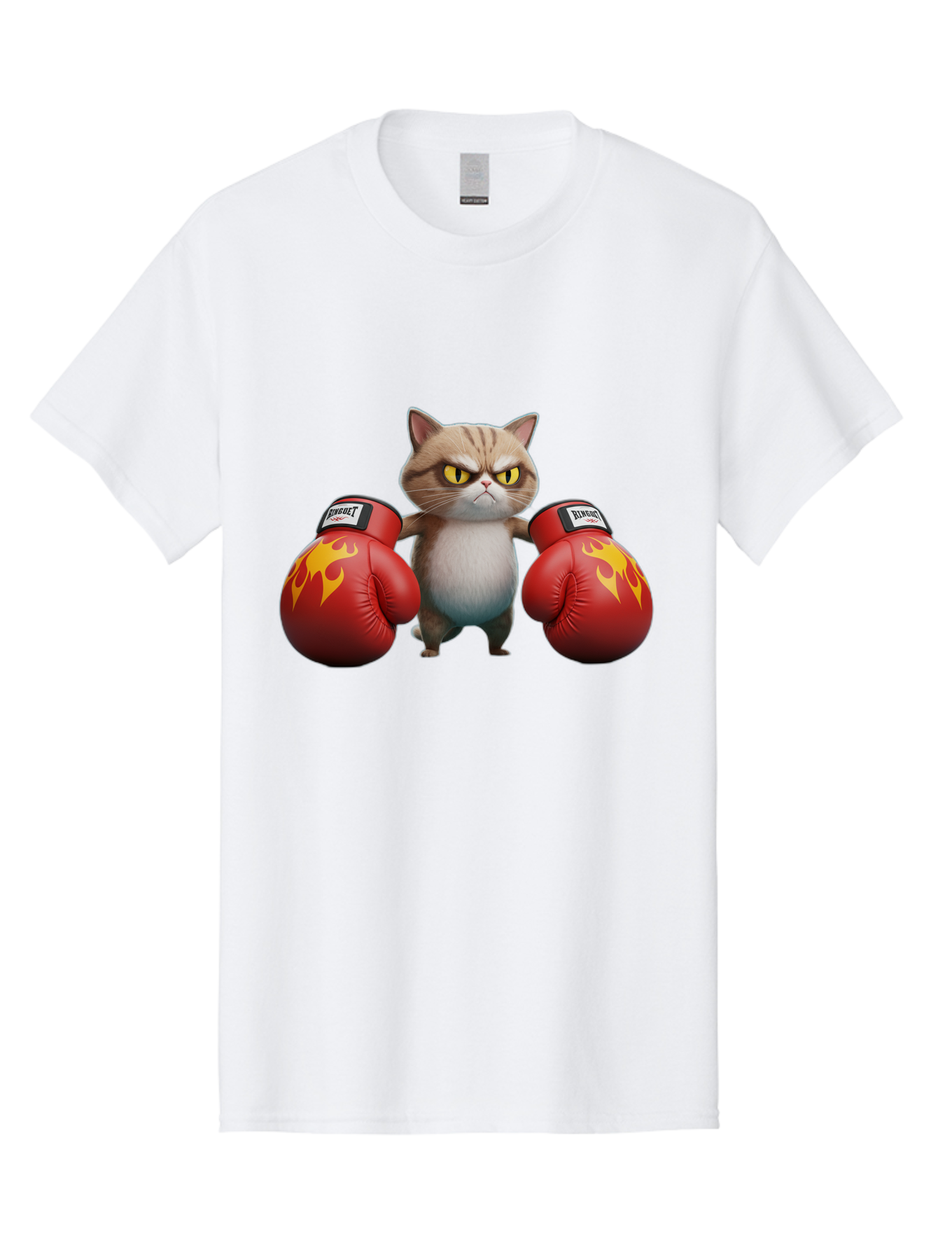 Expect-Cat-Boxer Men'S Graphic Tee, 100% Cotton, Comfortable Casual Summer Wear, Machine Washable, Aggressive Cat, Boxing Gloves, Fighting Cat, Expect Label, Feline Fighter, Cartoon Cat, Yellow Eyes, Red Gloves, Flame Design Bae444 11