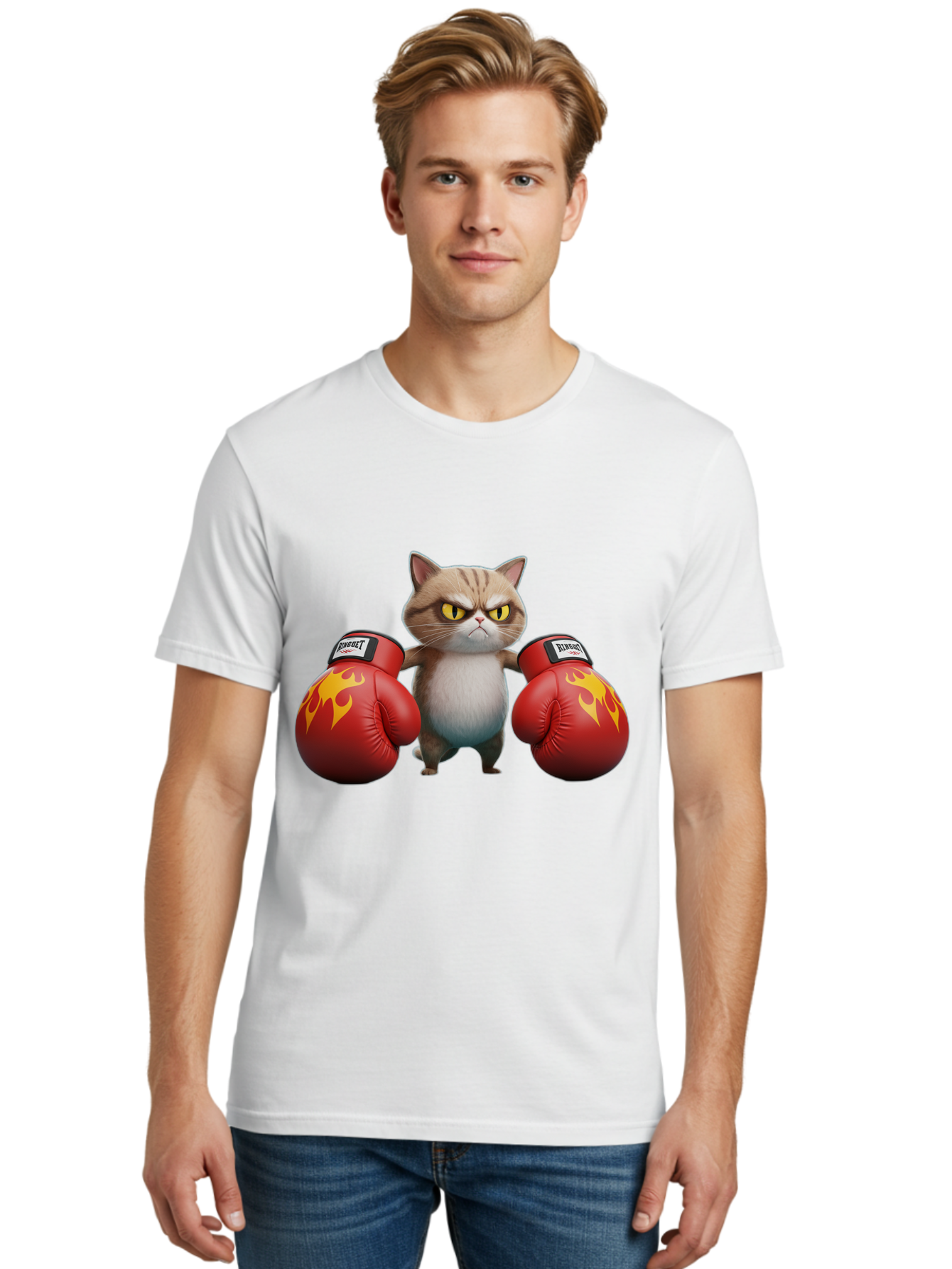 Expect-Cat-Boxer Men'S Graphic Tee, 100% Cotton, Comfortable Casual Summer Wear, Machine Washable, Aggressive Cat, Boxing Gloves, Fighting Cat, Expect Label, Feline Fighter, Cartoon Cat, Yellow Eyes, Red Gloves, Flame Design Bae444 26