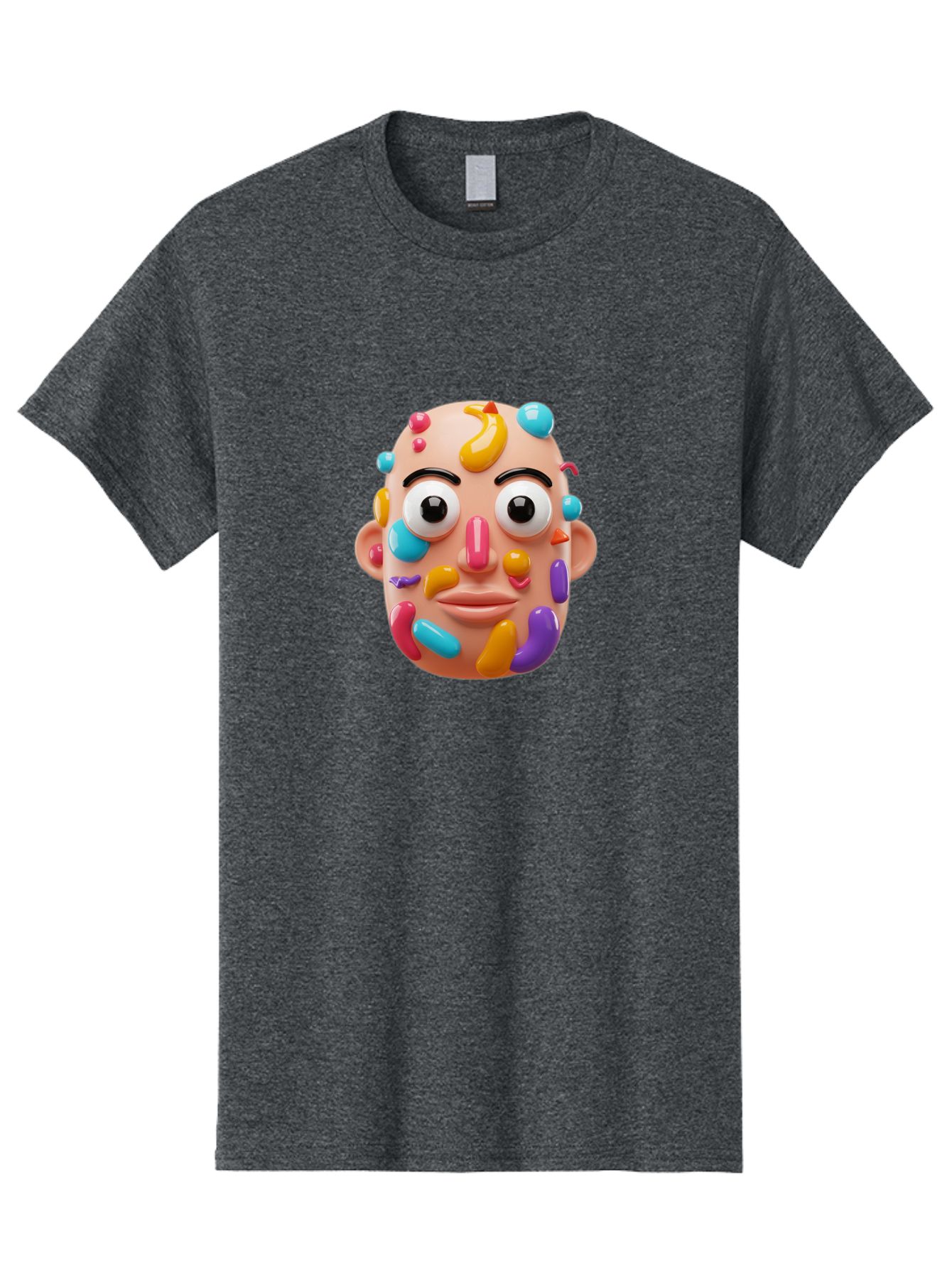 Face-With-Jelly-Beans Men'S Graphic Tee, 100% Cotton, Comfortable Casual Summer Wear, Machine Washable, Cartoon Head, Colorful Face, 3D Rendering, Vibrant Colors, Playful Design, Exaggerated Features, Creative Art, Digital Illustration, Bae445 8