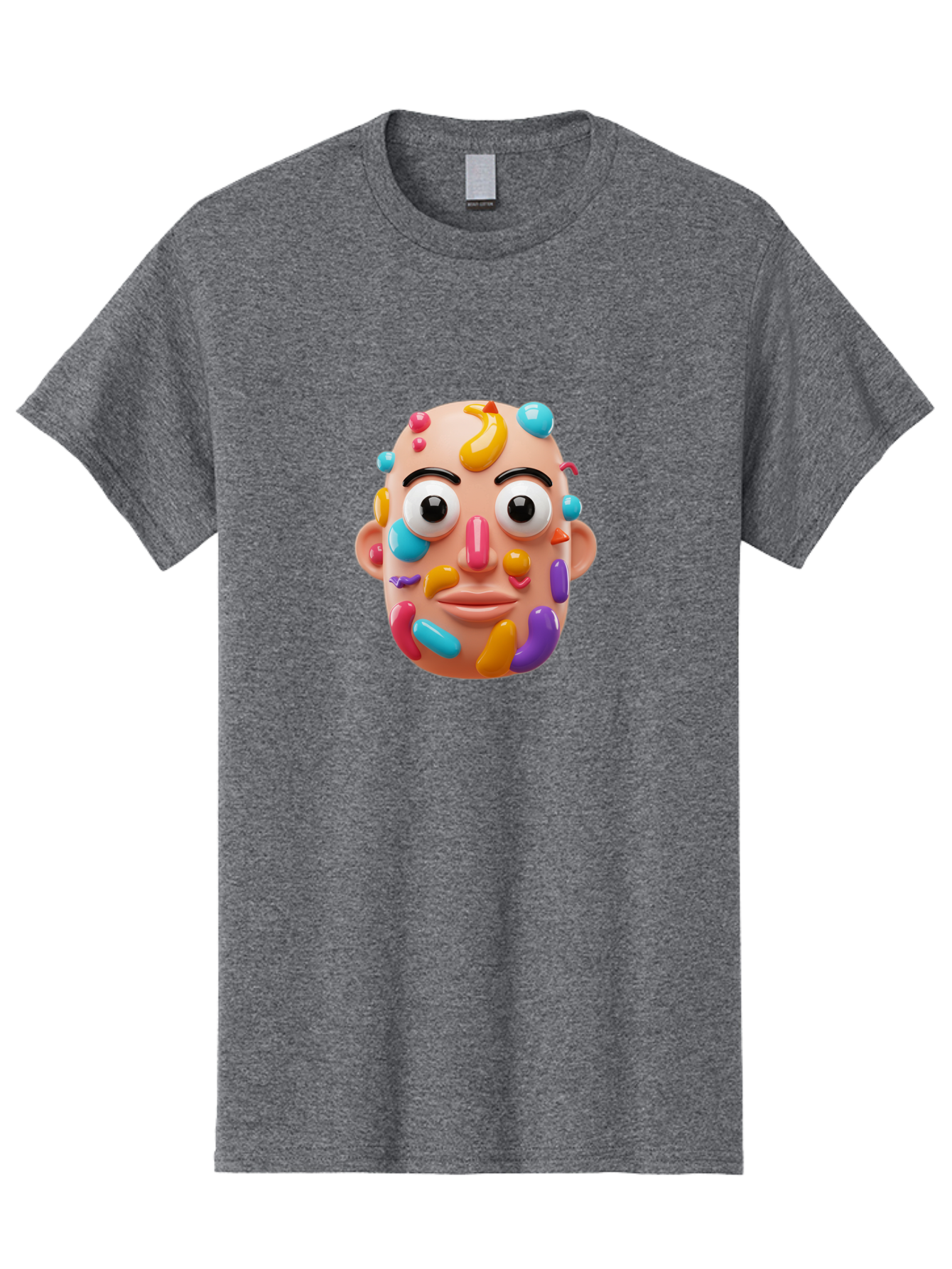 Face-With-Jelly-Beans Men'S Graphic Tee, 100% Cotton, Comfortable Casual Summer Wear, Machine Washable, Cartoon Head, Colorful Face, 3D Rendering, Vibrant Colors, Playful Design, Exaggerated Features, Creative Art, Digital Illustration, Bae445 10