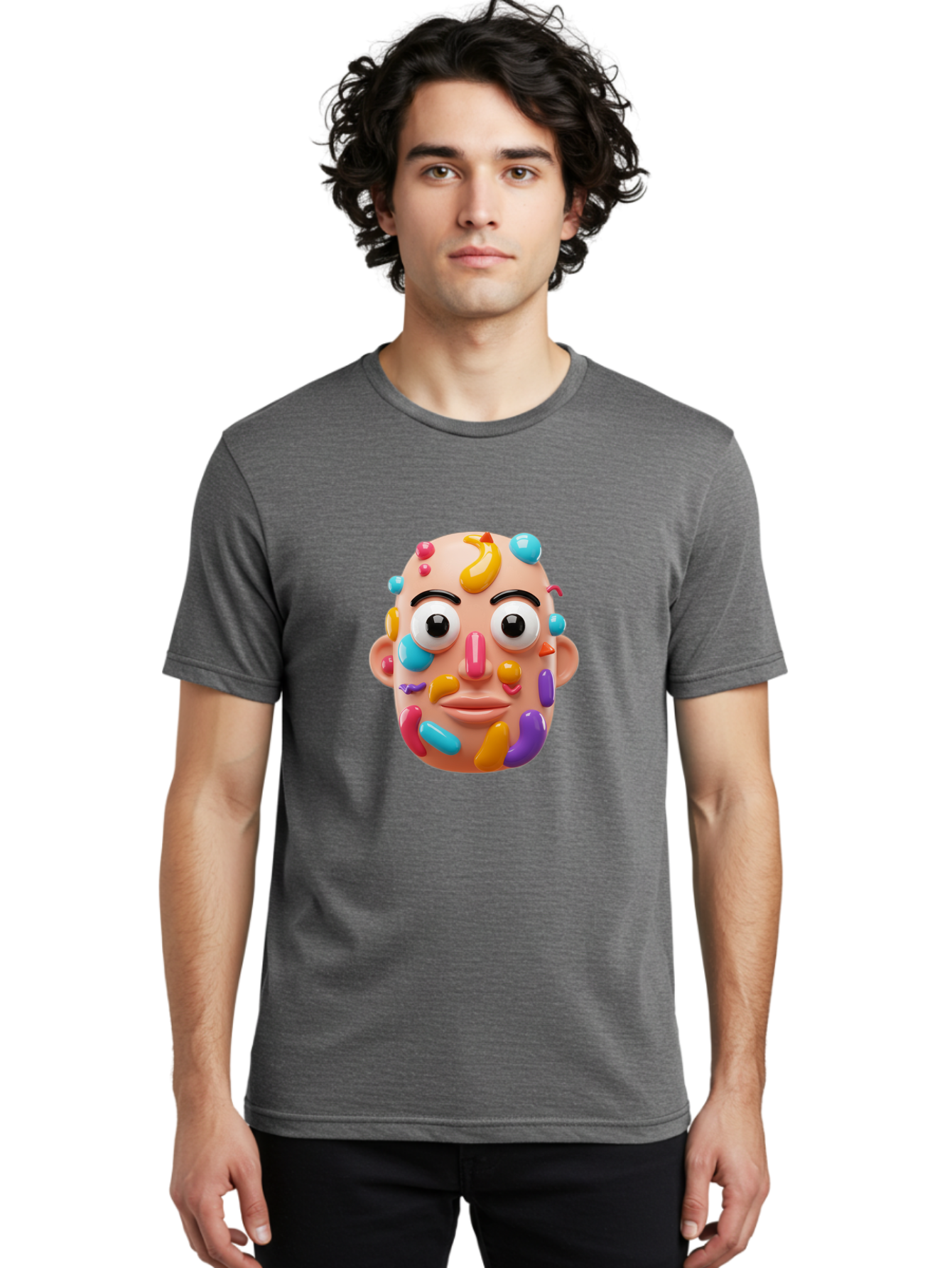 Face-With-Jelly-Beans Men'S Graphic Tee, 100% Cotton, Comfortable Casual Summer Wear, Machine Washable, Cartoon Head, Colorful Face, 3D Rendering, Vibrant Colors, Playful Design, Exaggerated Features, Creative Art, Digital Illustration, Bae445 25