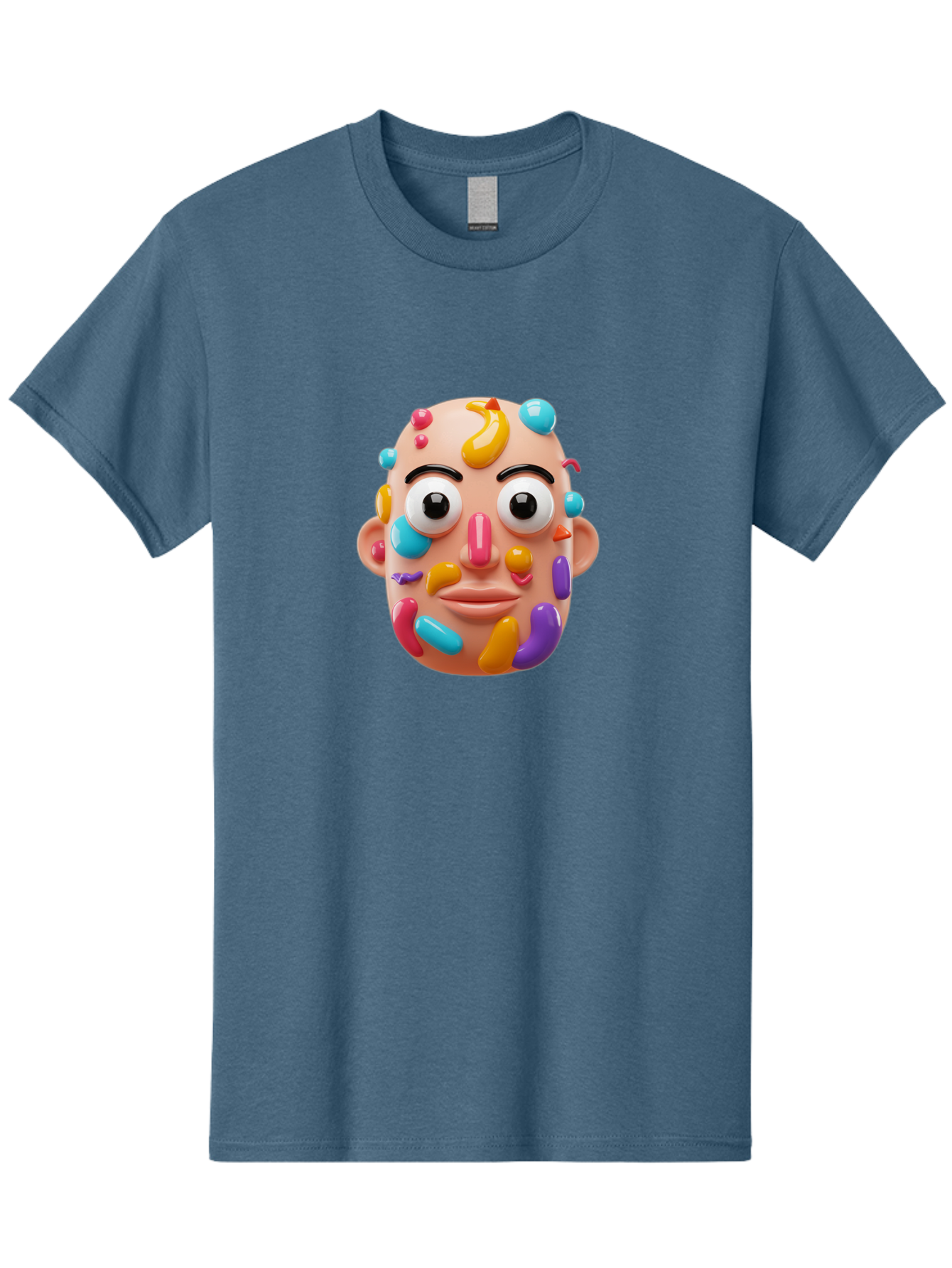 Face-With-Jelly-Beans Men'S Graphic Tee, 100% Cotton, Comfortable Casual Summer Wear, Machine Washable, Cartoon Head, Colorful Face, 3D Rendering, Vibrant Colors, Playful Design, Exaggerated Features, Creative Art, Digital Illustration, Bae445 5