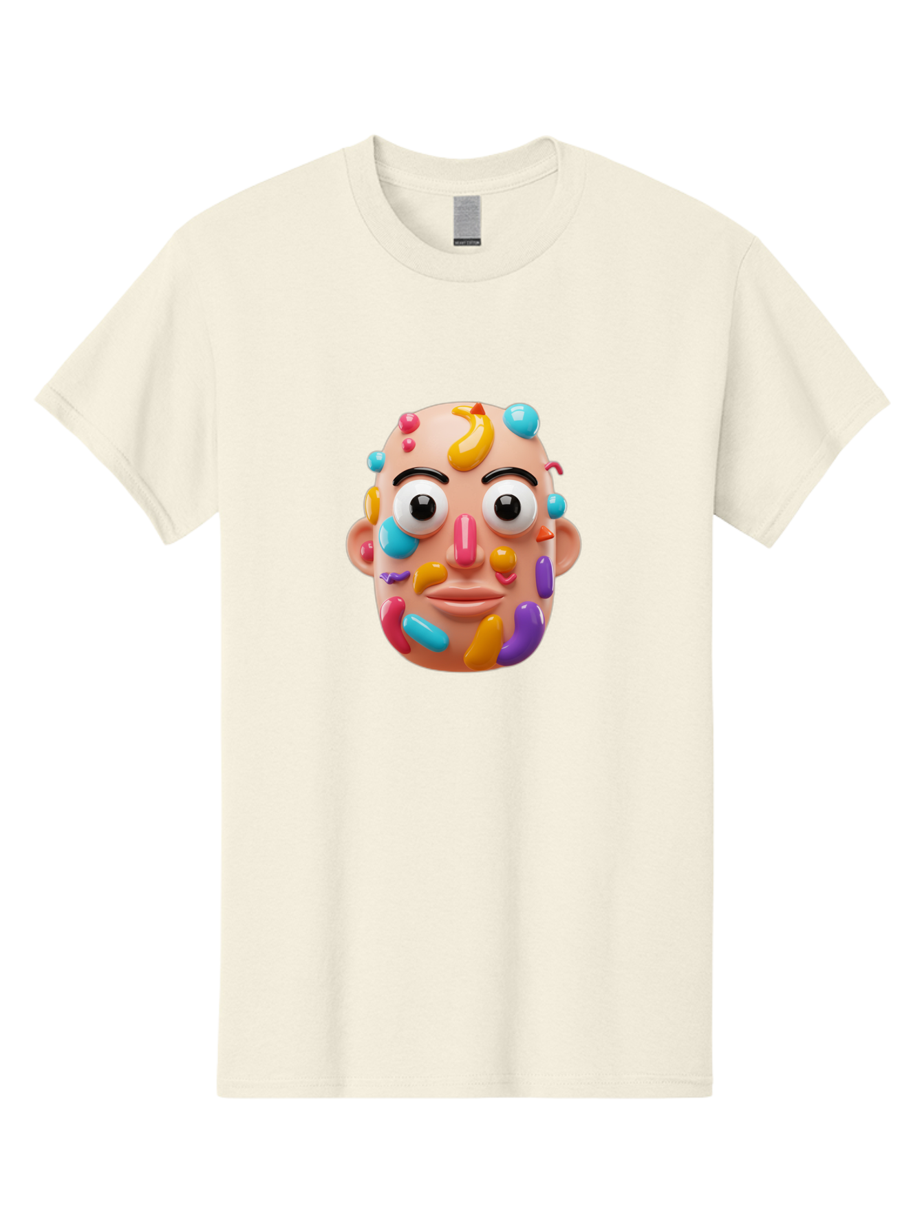 Face-With-Jelly-Beans Men'S Graphic Tee, 100% Cotton, Comfortable Casual Summer Wear, Machine Washable, Cartoon Head, Colorful Face, 3D Rendering, Vibrant Colors, Playful Design, Exaggerated Features, Creative Art, Digital Illustration, Bae445 6
