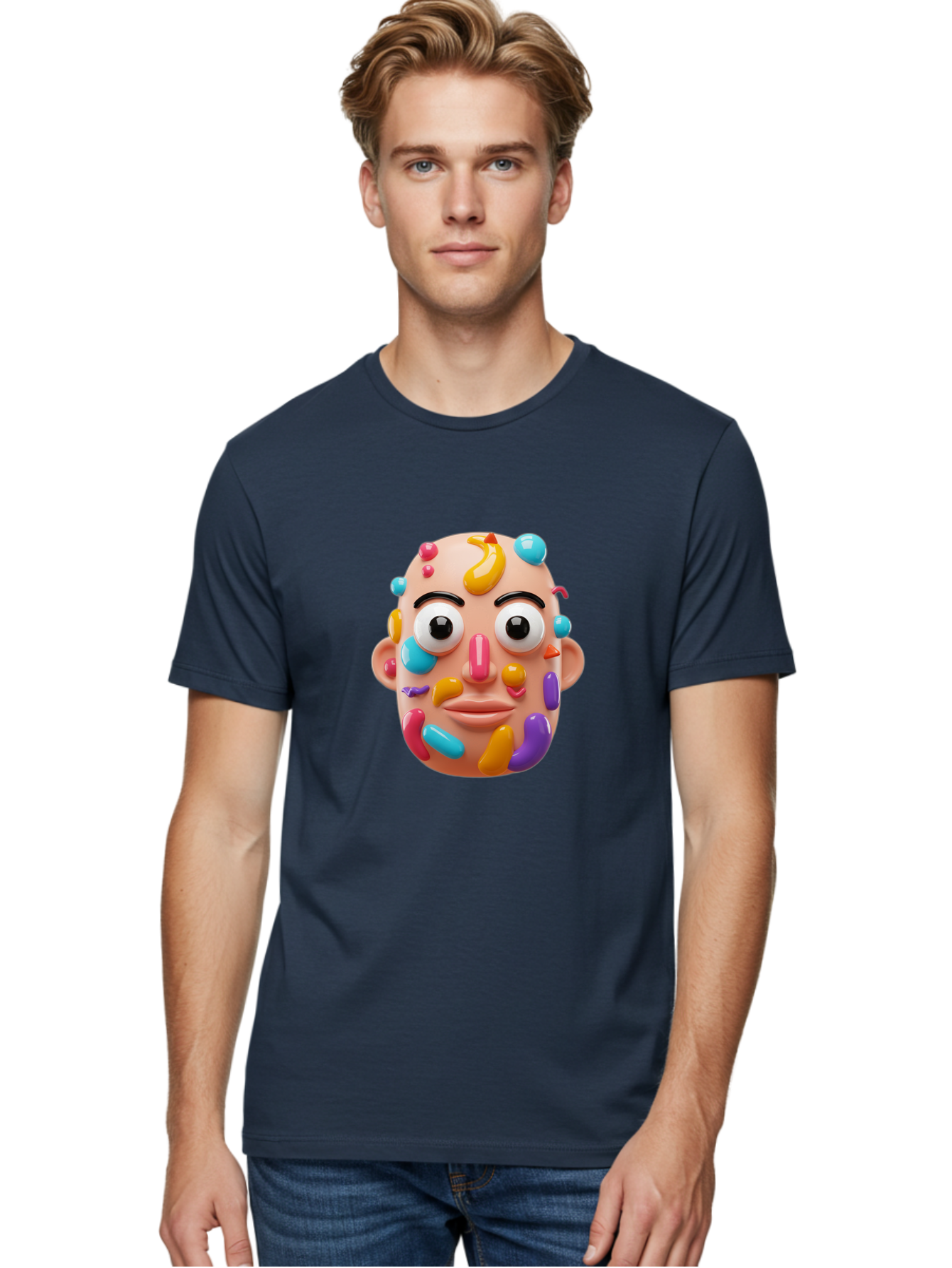 Face-With-Jelly-Beans Men'S Graphic Tee, 100% Cotton, Comfortable Casual Summer Wear, Machine Washable, Cartoon Head, Colorful Face, 3D Rendering, Vibrant Colors, Playful Design, Exaggerated Features, Creative Art, Digital Illustration, Bae445 22