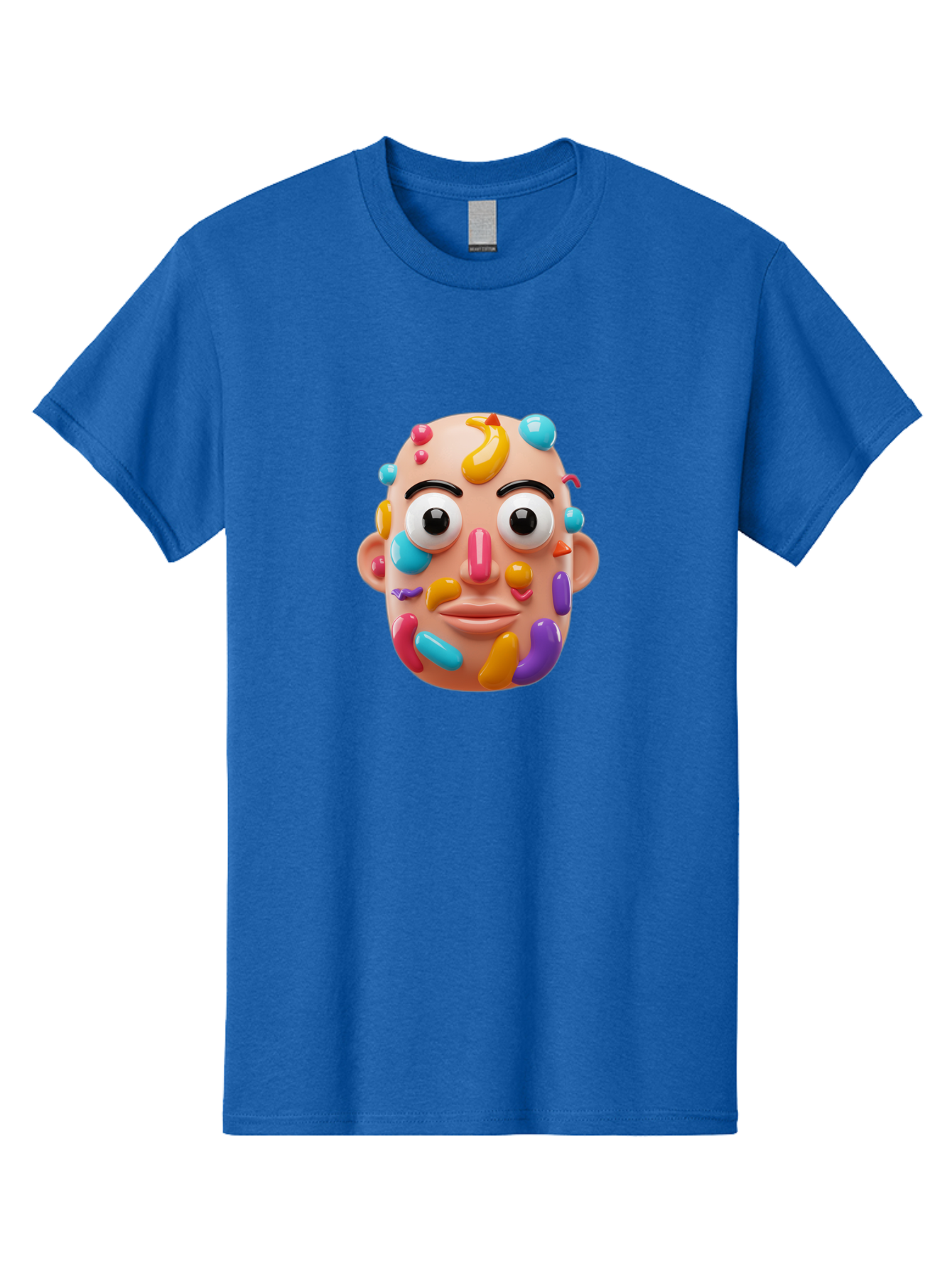 Face-With-Jelly-Beans Men'S Graphic Tee, 100% Cotton, Comfortable Casual Summer Wear, Machine Washable, Cartoon Head, Colorful Face, 3D Rendering, Vibrant Colors, Playful Design, Exaggerated Features, Creative Art, Digital Illustration, Bae445 12