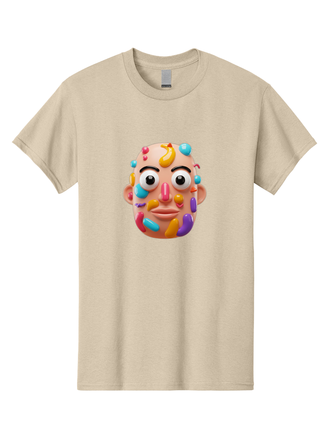 Face-With-Jelly-Beans Men'S Graphic Tee, 100% Cotton, Comfortable Casual Summer Wear, Machine Washable, Cartoon Head, Colorful Face, 3D Rendering, Vibrant Colors, Playful Design, Exaggerated Features, Creative Art, Digital Illustration, Bae445 3