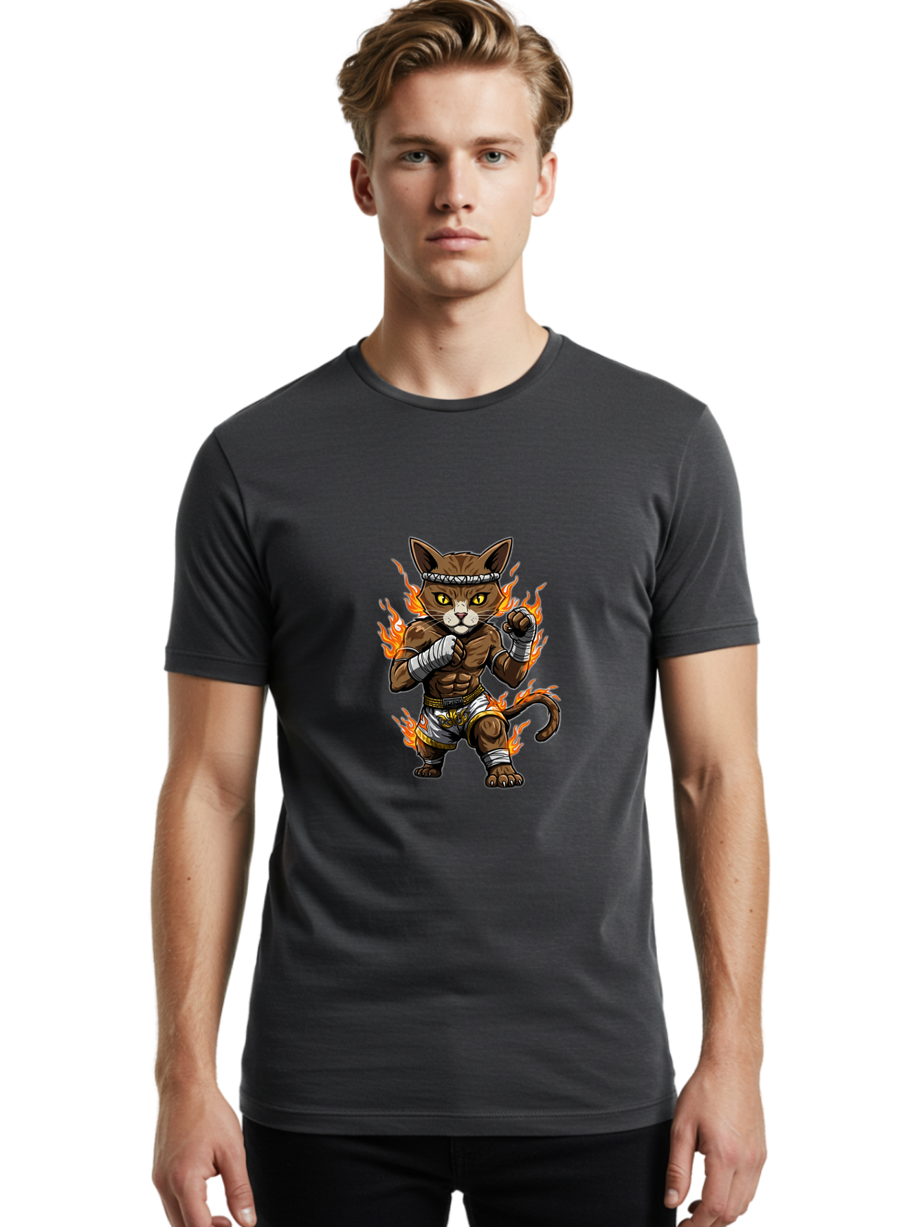 Fighter-Cat Men'S Graphic Tee, 100% Cotton, Comfortable Casual Summer Wear, Machine Washable, Cartoon Cat, Muay Thai Fighter, Martial Arts, Combat Sports, Fighting Stance, Boxing Gloves, Flames, Aggressive Posture, Anthropomorphic Cat, Bae446 26