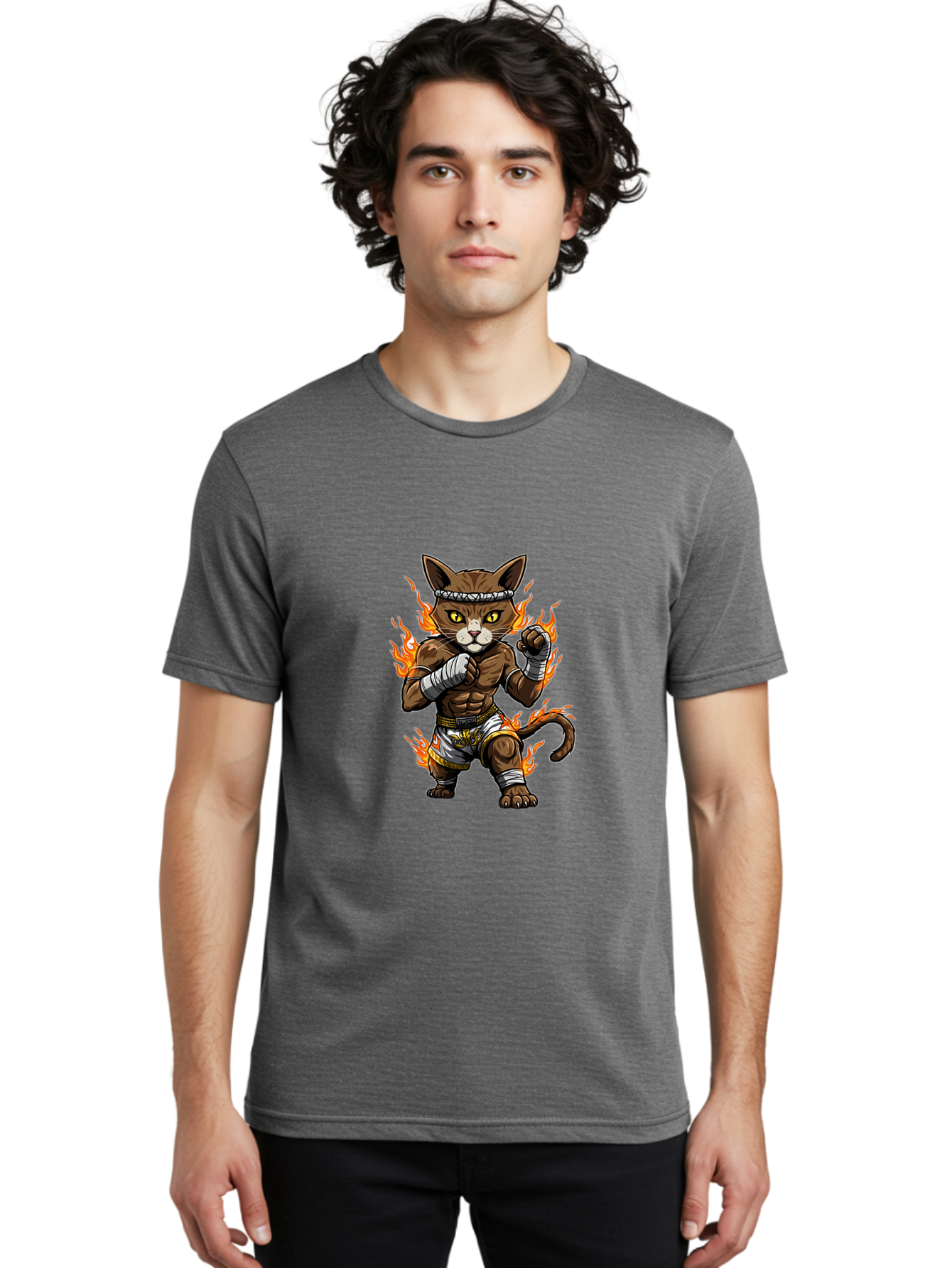 Fighter-Cat Men'S Graphic Tee, 100% Cotton, Comfortable Casual Summer Wear, Machine Washable, Cartoon Cat, Muay Thai Fighter, Martial Arts, Combat Sports, Fighting Stance, Boxing Gloves, Flames, Aggressive Posture, Anthropomorphic Cat, Bae446 25