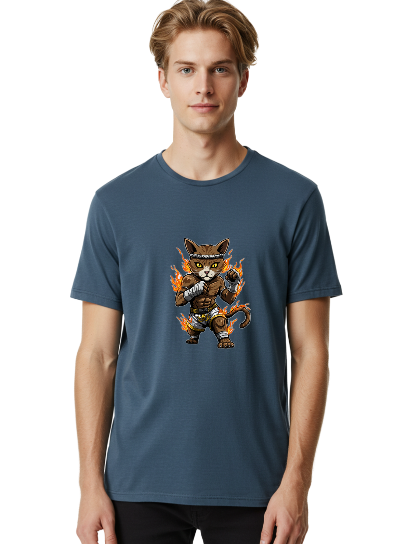 Fighter-Cat Men'S Graphic Tee, 100% Cotton, Comfortable Casual Summer Wear, Machine Washable, Cartoon Cat, Muay Thai Fighter, Martial Arts, Combat Sports, Fighting Stance, Boxing Gloves, Flames, Aggressive Posture, Anthropomorphic Cat, Bae446 20
