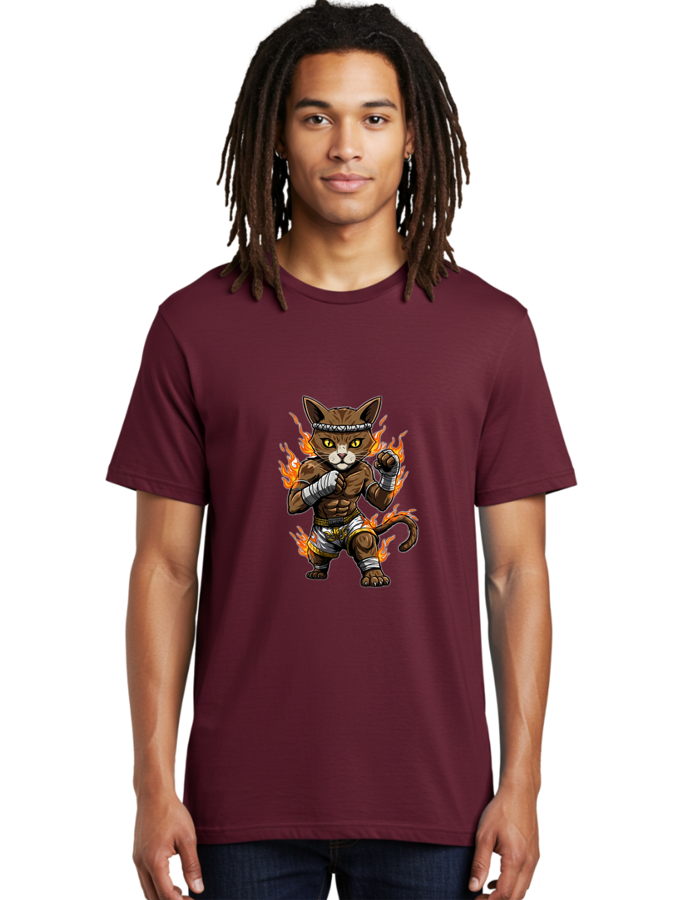 Fighter-Cat Men'S Graphic Tee, 100% Cotton, Comfortable Casual Summer Wear, Machine Washable, Cartoon Cat, Muay Thai Fighter, Martial Arts, Combat Sports, Fighting Stance, Boxing Gloves, Flames, Aggressive Posture, Anthropomorphic Cat, Bae446 24