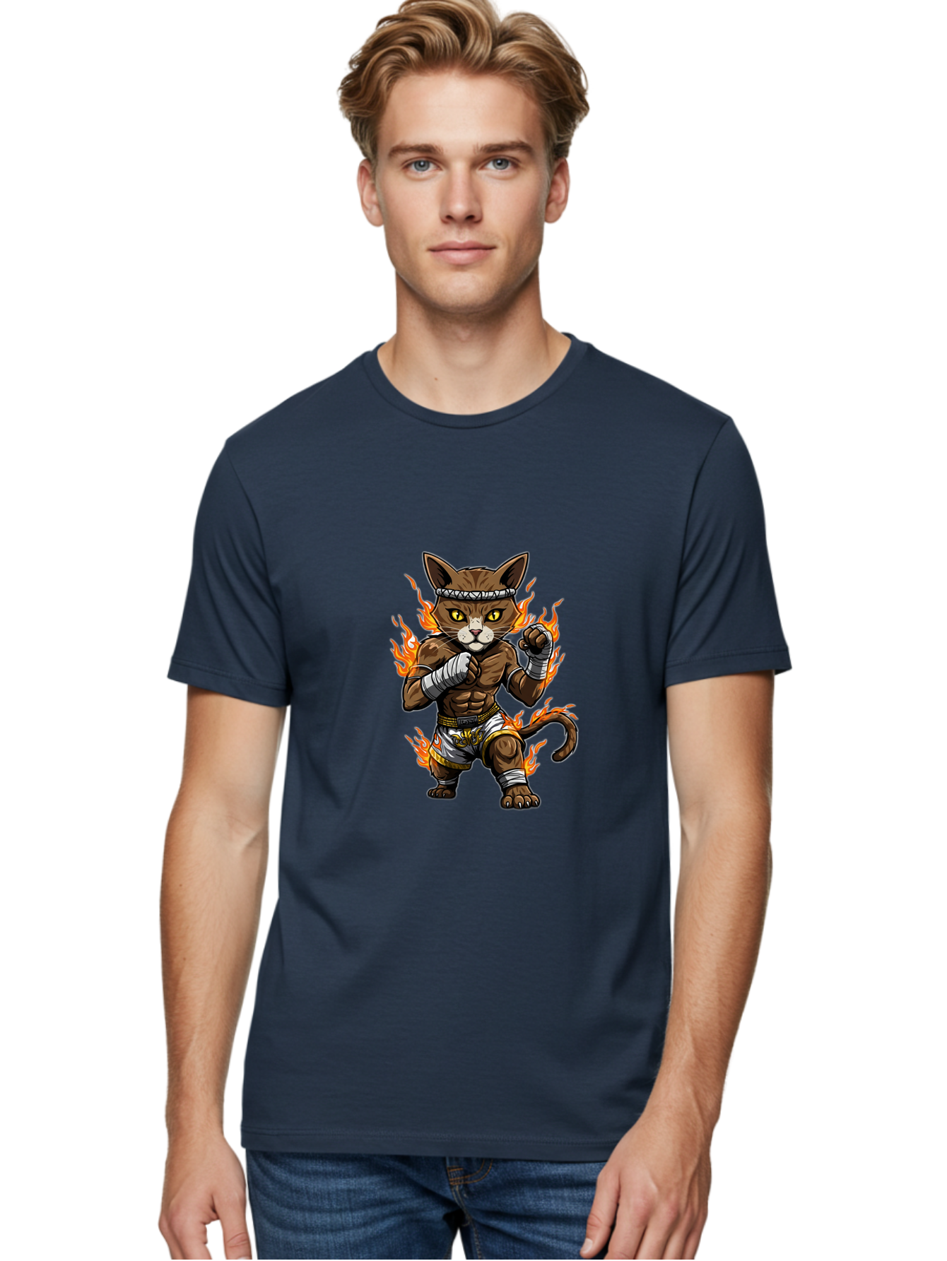 Fighter-Cat Men'S Graphic Tee, 100% Cotton, Comfortable Casual Summer Wear, Machine Washable, Cartoon Cat, Muay Thai Fighter, Martial Arts, Combat Sports, Fighting Stance, Boxing Gloves, Flames, Aggressive Posture, Anthropomorphic Cat, Bae446 22