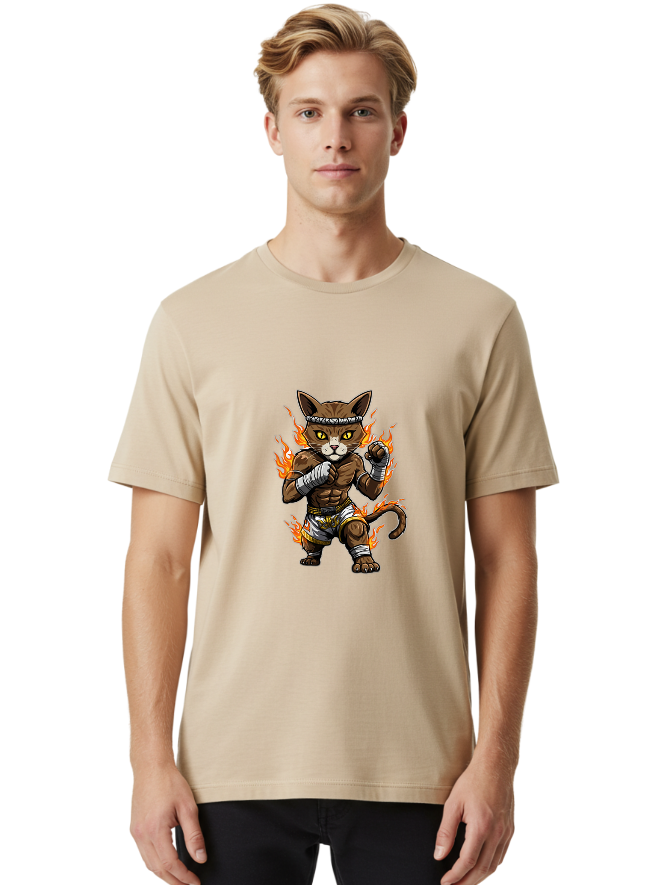 Fighter-Cat Men'S Graphic Tee, 100% Cotton, Comfortable Casual Summer Wear, Machine Washable, Cartoon Cat, Muay Thai Fighter, Martial Arts, Combat Sports, Fighting Stance, Boxing Gloves, Flames, Aggressive Posture, Anthropomorphic Cat, Bae446 16