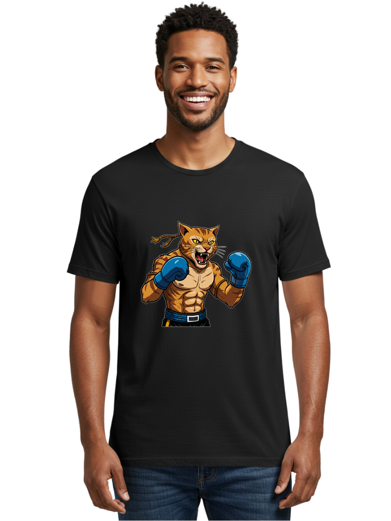Fighting-Cat Men'S Graphic Tee, 100% Cotton, Comfortable Casual Summer Wear, Machine Washable, Muscular Cat, Boxing Gloves, Anime Style, Aggressive Stance, Fighting Cat, Cartoon Character, Strong Cat, Determined Expression, Braided Hair, Bae447 26