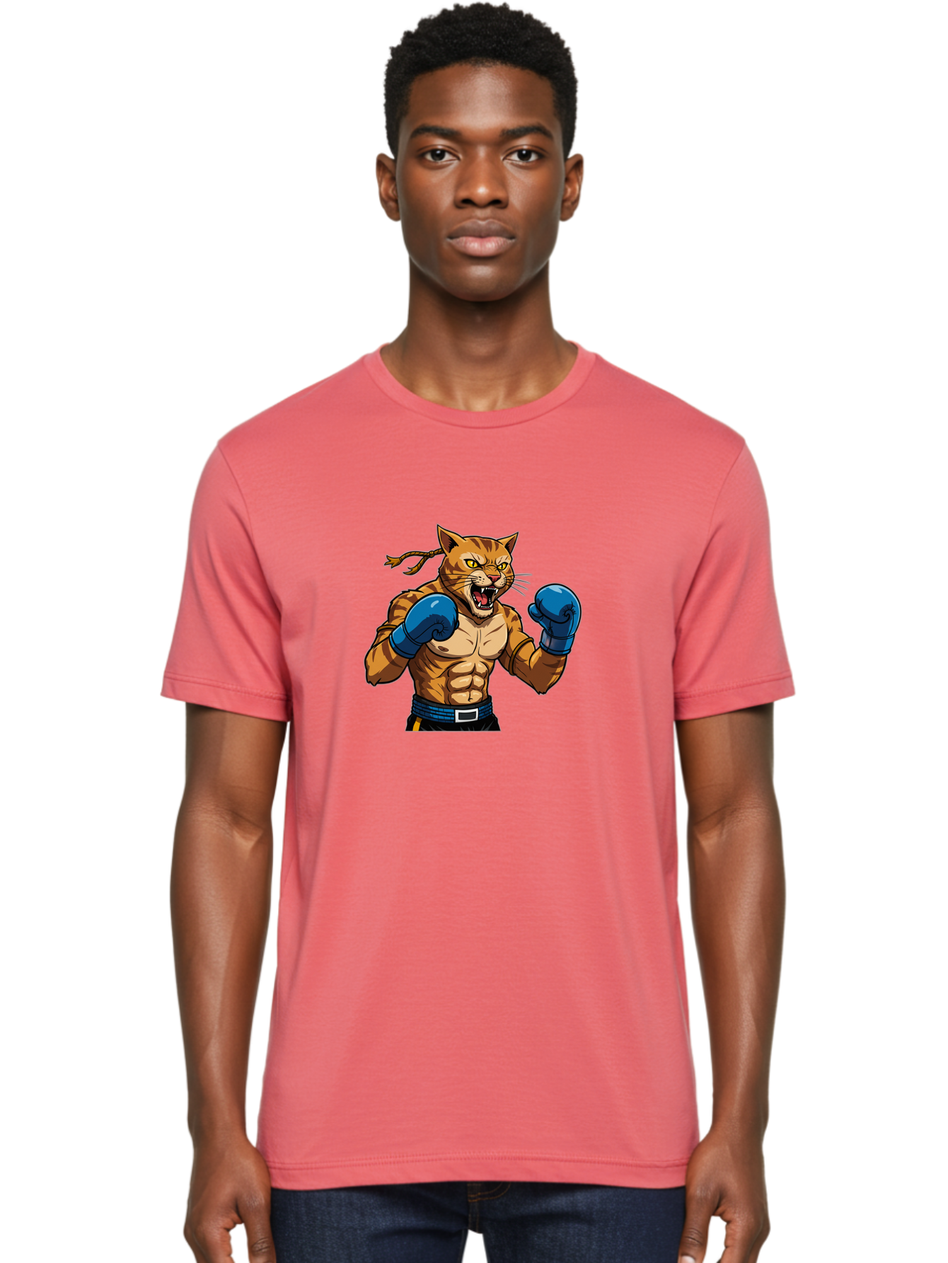 Fighting-Cat Men'S Graphic Tee, 100% Cotton, Comfortable Casual Summer Wear, Machine Washable, Muscular Cat, Boxing Gloves, Anime Style, Aggressive Stance, Fighting Cat, Cartoon Character, Strong Cat, Determined Expression, Braided Hair, Bae447 22