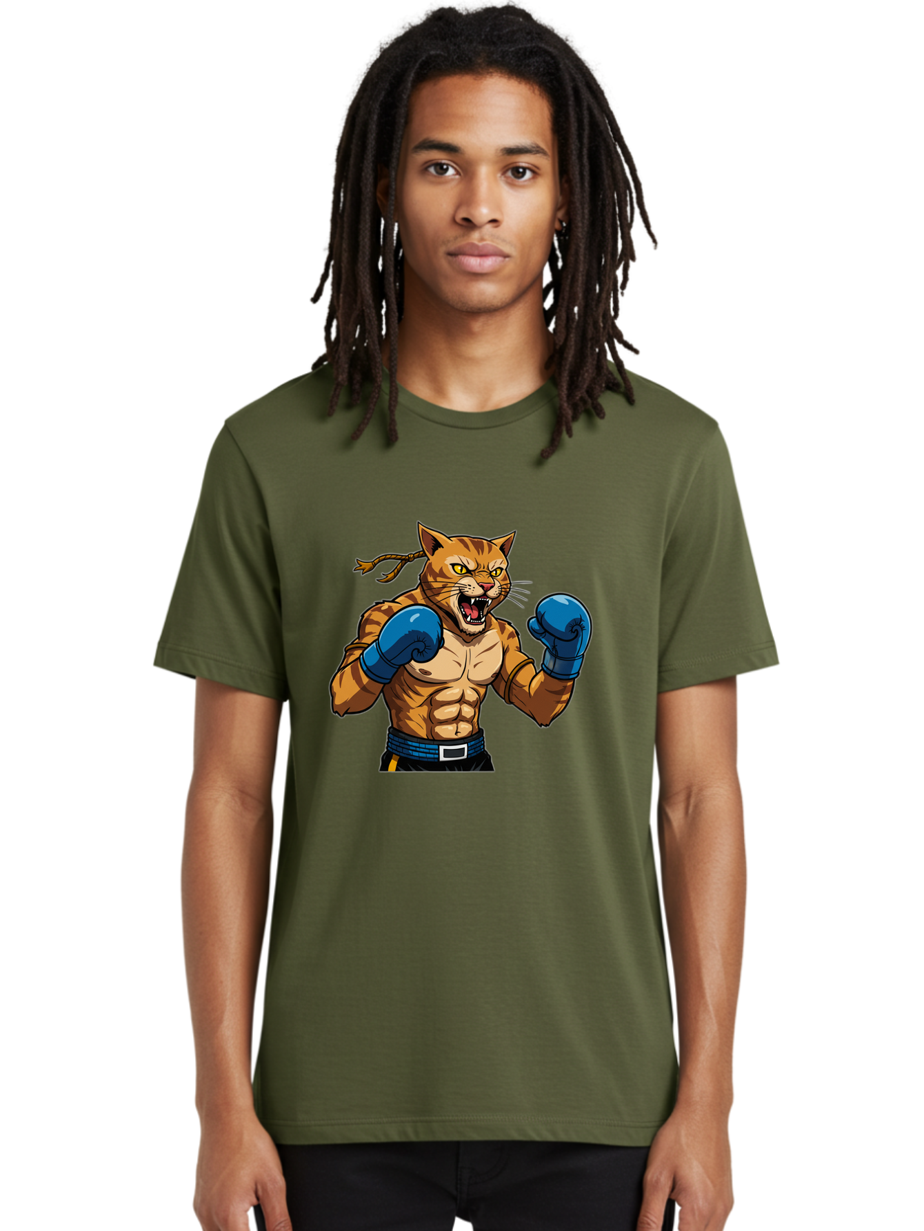 Fighting-Cat Men'S Graphic Tee, 100% Cotton, Comfortable Casual Summer Wear, Machine Washable, Muscular Cat, Boxing Gloves, Anime Style, Aggressive Stance, Fighting Cat, Cartoon Character, Strong Cat, Determined Expression, Braided Hair, Bae447 30