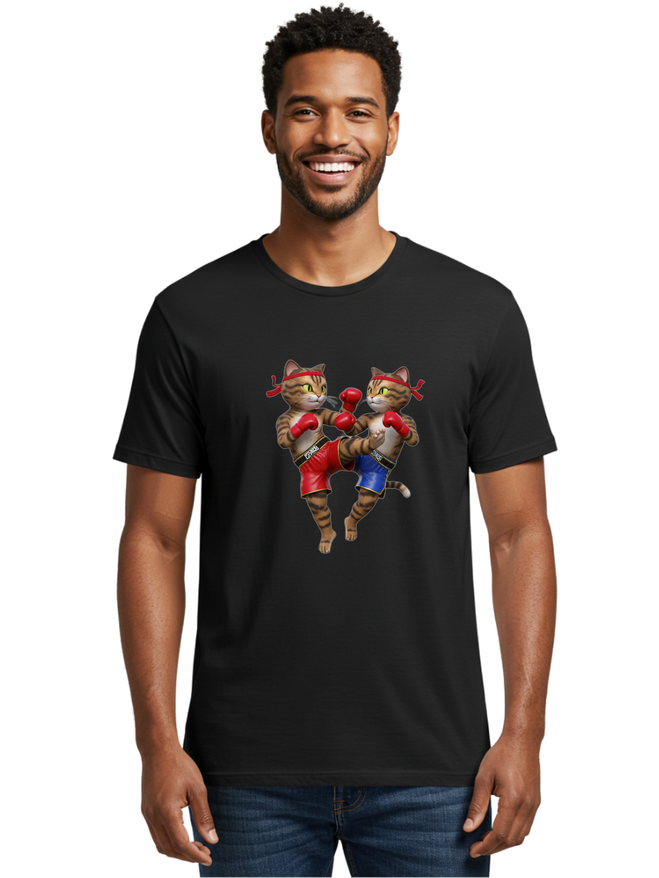 Fighting-Cats Men'S Graphic Tee, 100% Cotton, Comfortable Casual Summer Wear, Machine Washable, Cartoon Cats Boxing, Martial Arts Fight, Red And Blue Boxing Shorts, Red Boxing Gloves, Kofre Brand, Fighting Cats, Cartoon Characters, Bae448 23