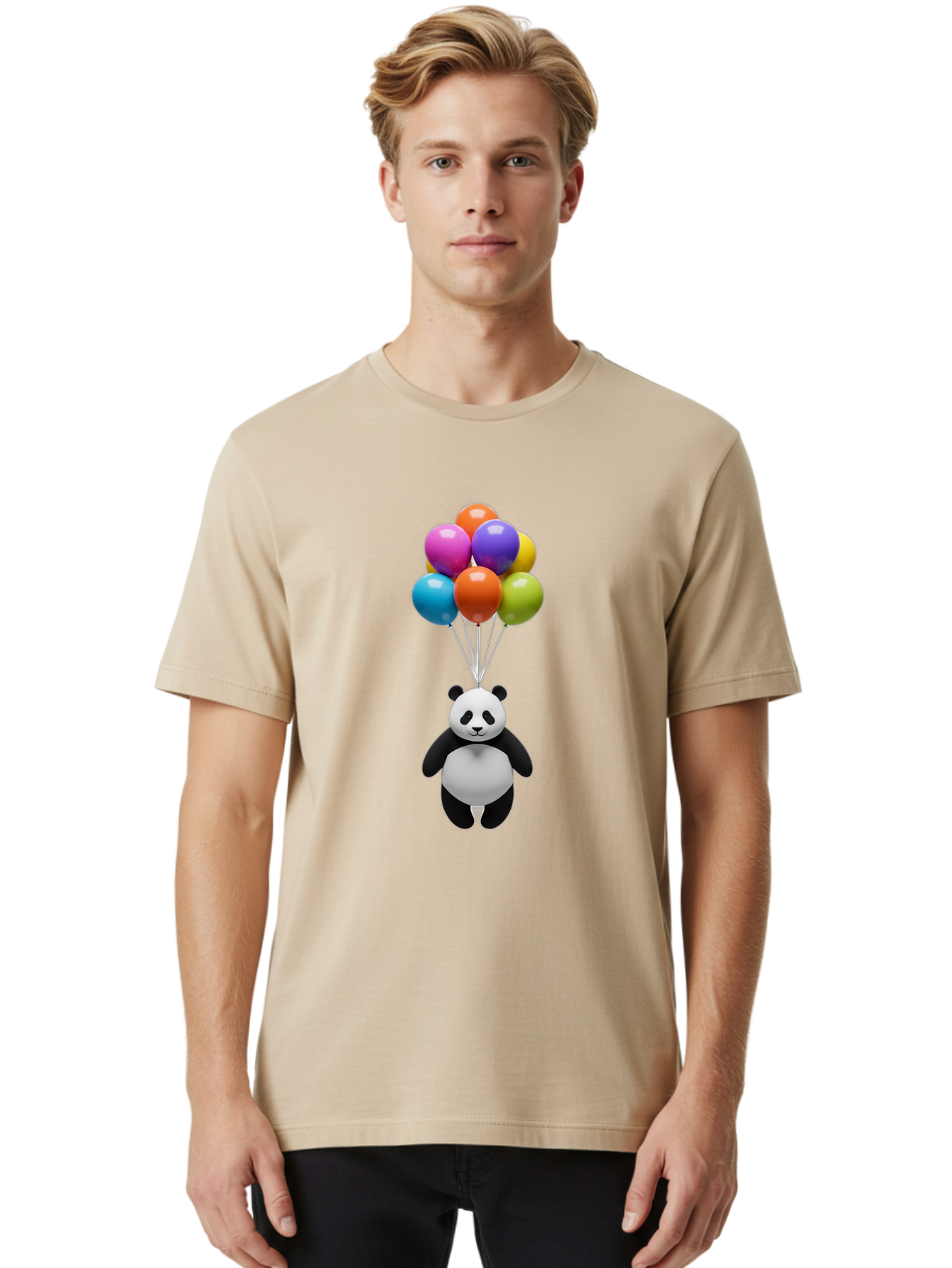 Floating-Panda Men'S Graphic Tee, 100% Cotton, Comfortable Casual Summer Wear, Machine Washable, Cartoon Panda, Floating Panda, Colorful Balloons, Whimsical Design, Cute Character, Playful Illustration, 3D Graphic, Panda Bear, Bae450 25