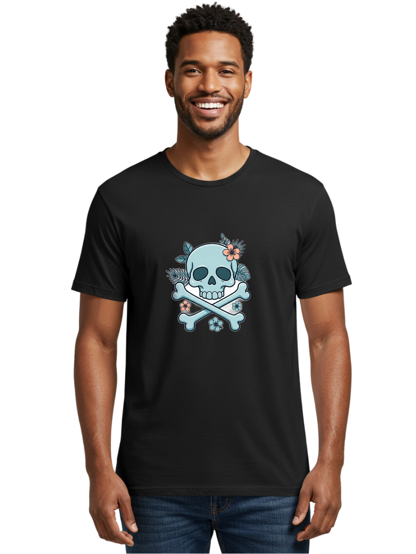 Floral-Skull Men'S Graphic Tee, 100% Cotton, Comfortable Casual Summer Wear, Machine Washable, Skull And Crossbones, Jolly Roger, Pirate Symbol, Floral Design, Colorful Tattoo Art, Gothic Decoration, Crossbones With Flowers, Flower Skull, Bae451 26