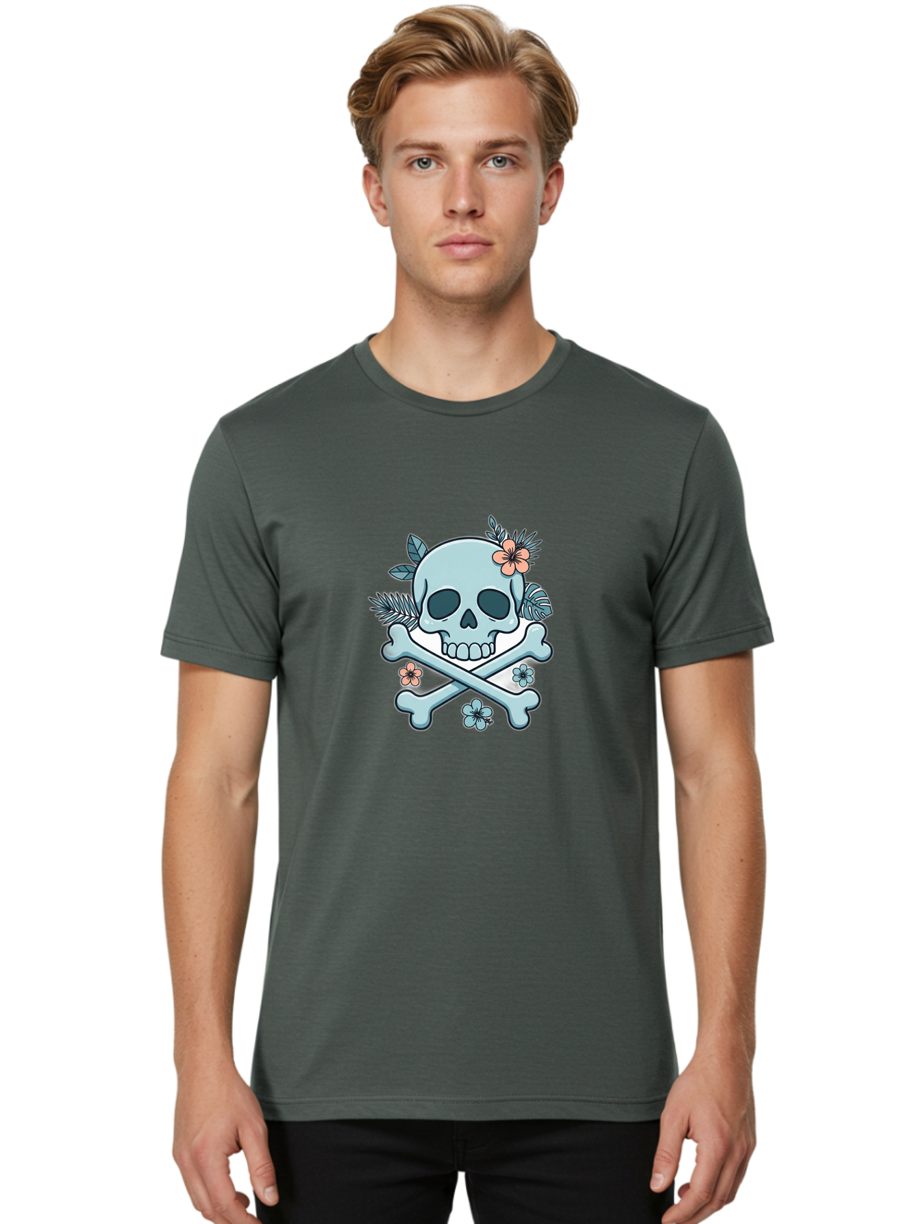 Floral-Skull Men'S Graphic Tee, 100% Cotton, Comfortable Casual Summer Wear, Machine Washable, Skull And Crossbones, Jolly Roger, Pirate Symbol, Floral Design, Colorful Tattoo Art, Gothic Decoration, Crossbones With Flowers, Flower Skull, Bae451 19
