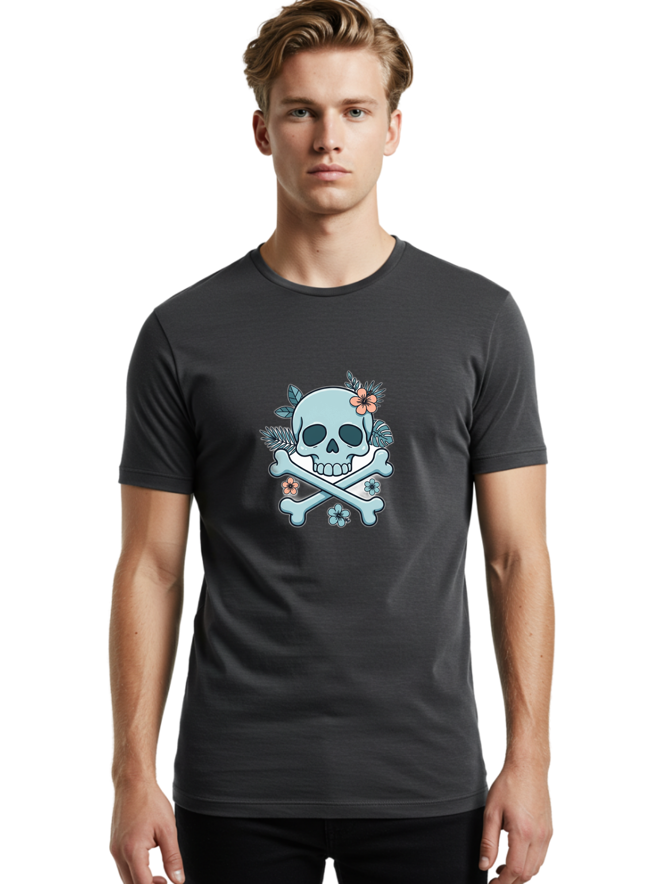 Floral-Skull Men'S Graphic Tee, 100% Cotton, Comfortable Casual Summer Wear, Machine Washable, Skull And Crossbones, Jolly Roger, Pirate Symbol, Floral Design, Colorful Tattoo Art, Gothic Decoration, Crossbones With Flowers, Flower Skull, Bae451 17