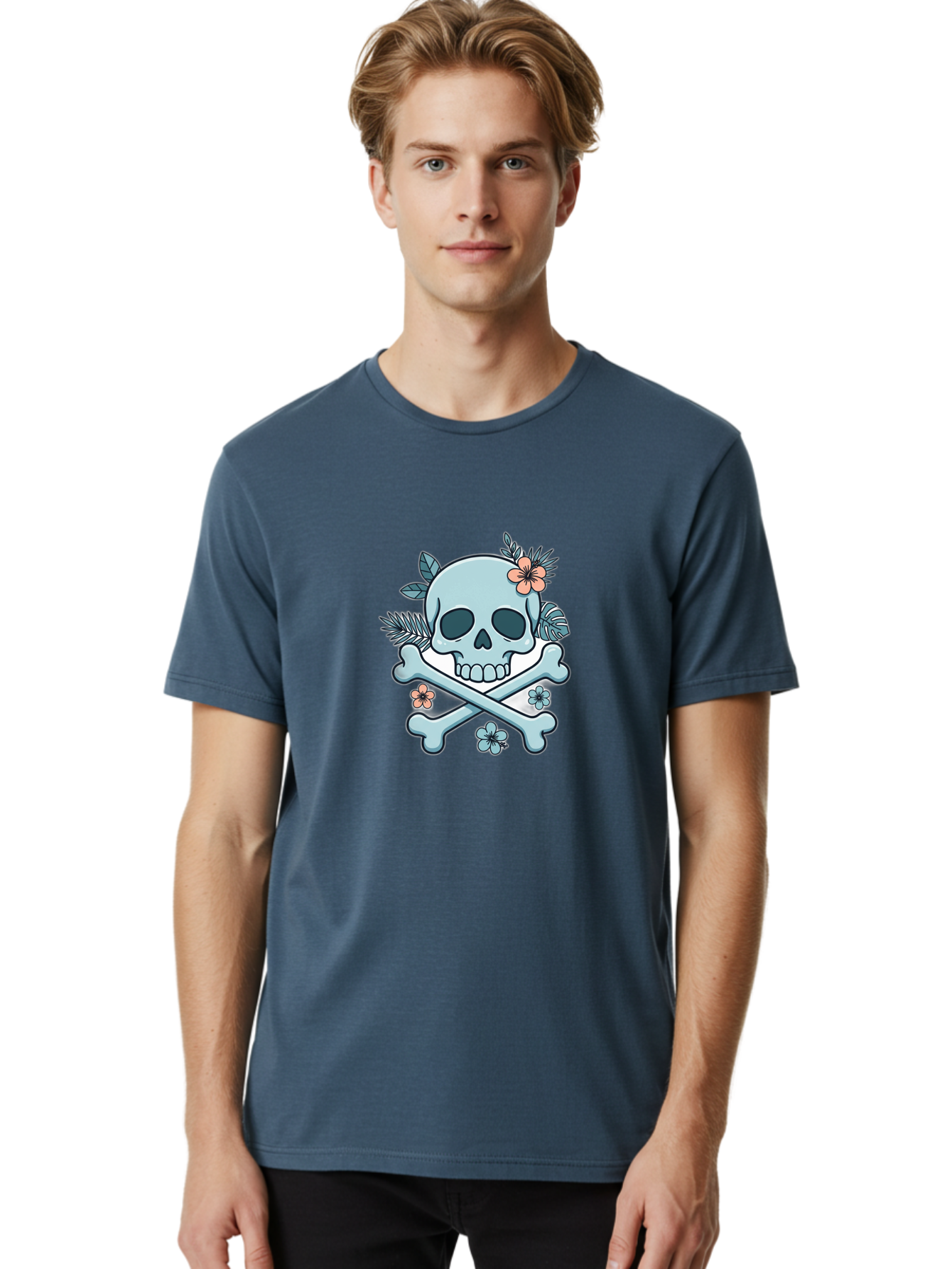 Floral-Skull Men'S Graphic Tee, 100% Cotton, Comfortable Casual Summer Wear, Machine Washable, Skull And Crossbones, Jolly Roger, Pirate Symbol, Floral Design, Colorful Tattoo Art, Gothic Decoration, Crossbones With Flowers, Flower Skull, Bae451 23
