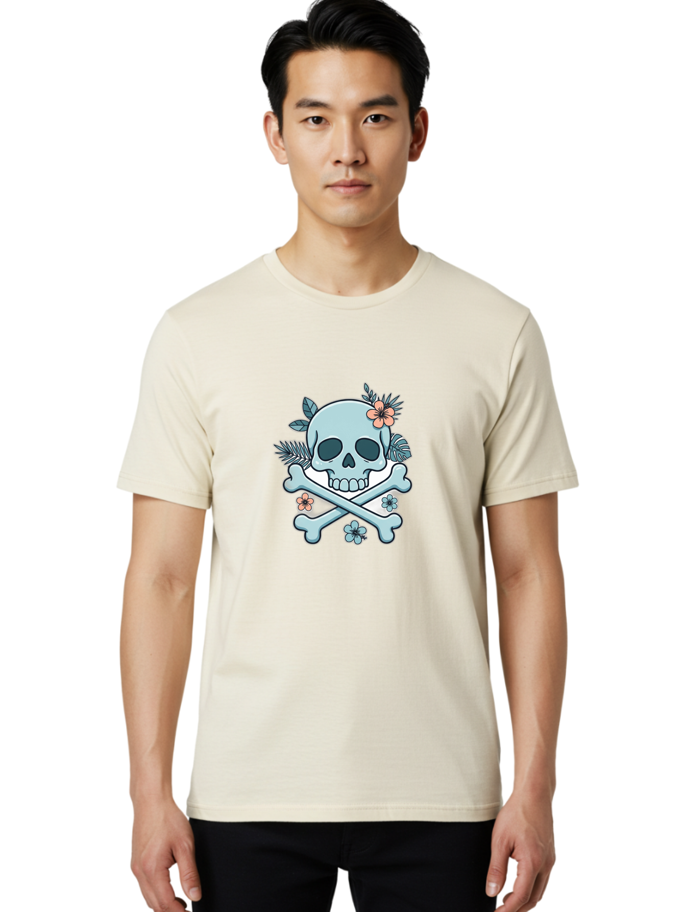 Floral-Skull Men'S Graphic Tee, 100% Cotton, Comfortable Casual Summer Wear, Machine Washable, Skull And Crossbones, Jolly Roger, Pirate Symbol, Floral Design, Colorful Tattoo Art, Gothic Decoration, Crossbones With Flowers, Flower Skull, Bae451 24