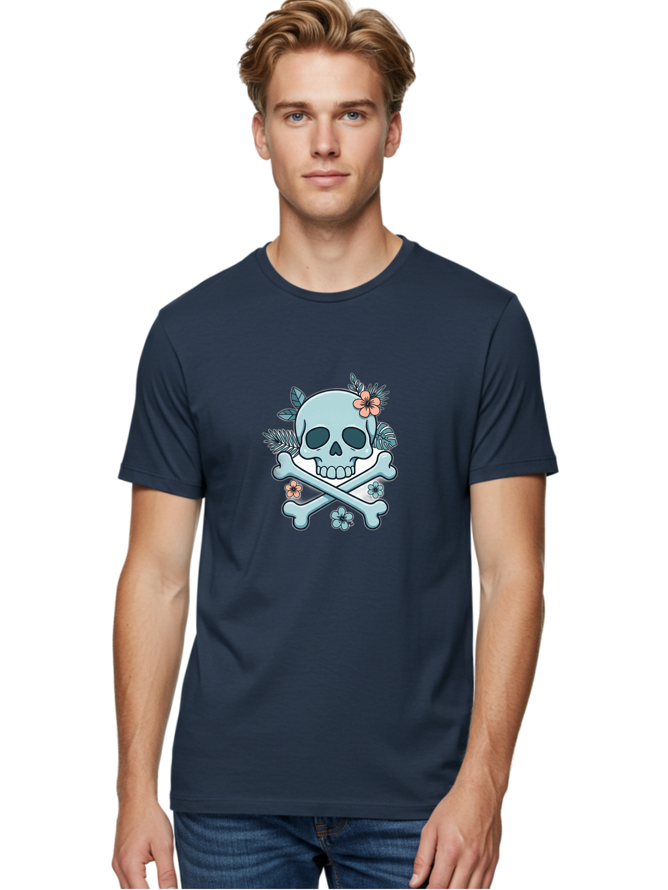Floral-Skull Men'S Graphic Tee, 100% Cotton, Comfortable Casual Summer Wear, Machine Washable, Skull And Crossbones, Jolly Roger, Pirate Symbol, Floral Design, Colorful Tattoo Art, Gothic Decoration, Crossbones With Flowers, Flower Skull, Bae451 16