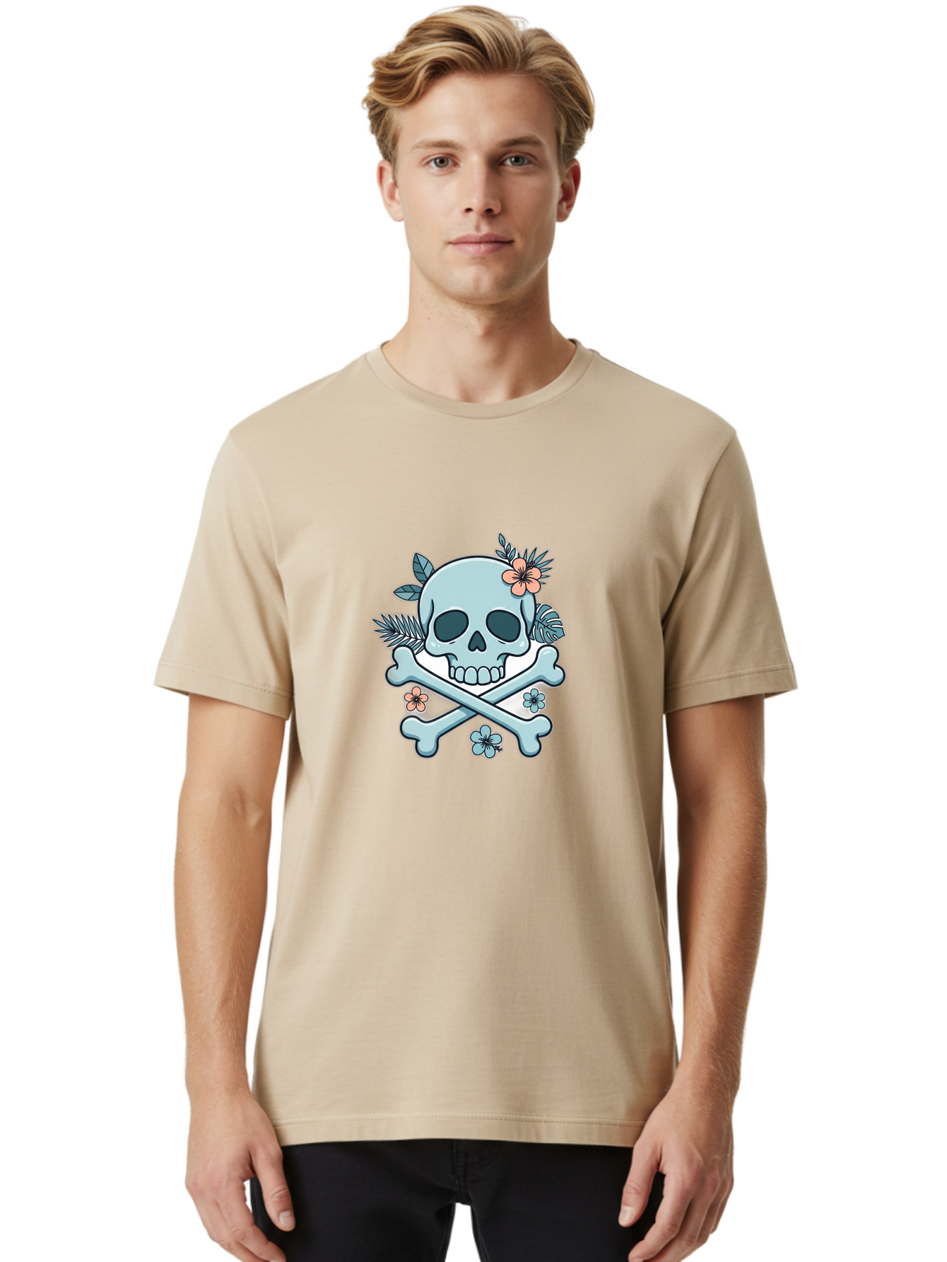 Floral-Skull Men'S Graphic Tee, 100% Cotton, Comfortable Casual Summer Wear, Machine Washable, Skull And Crossbones, Jolly Roger, Pirate Symbol, Floral Design, Colorful Tattoo Art, Gothic Decoration, Crossbones With Flowers, Flower Skull, Bae451 30