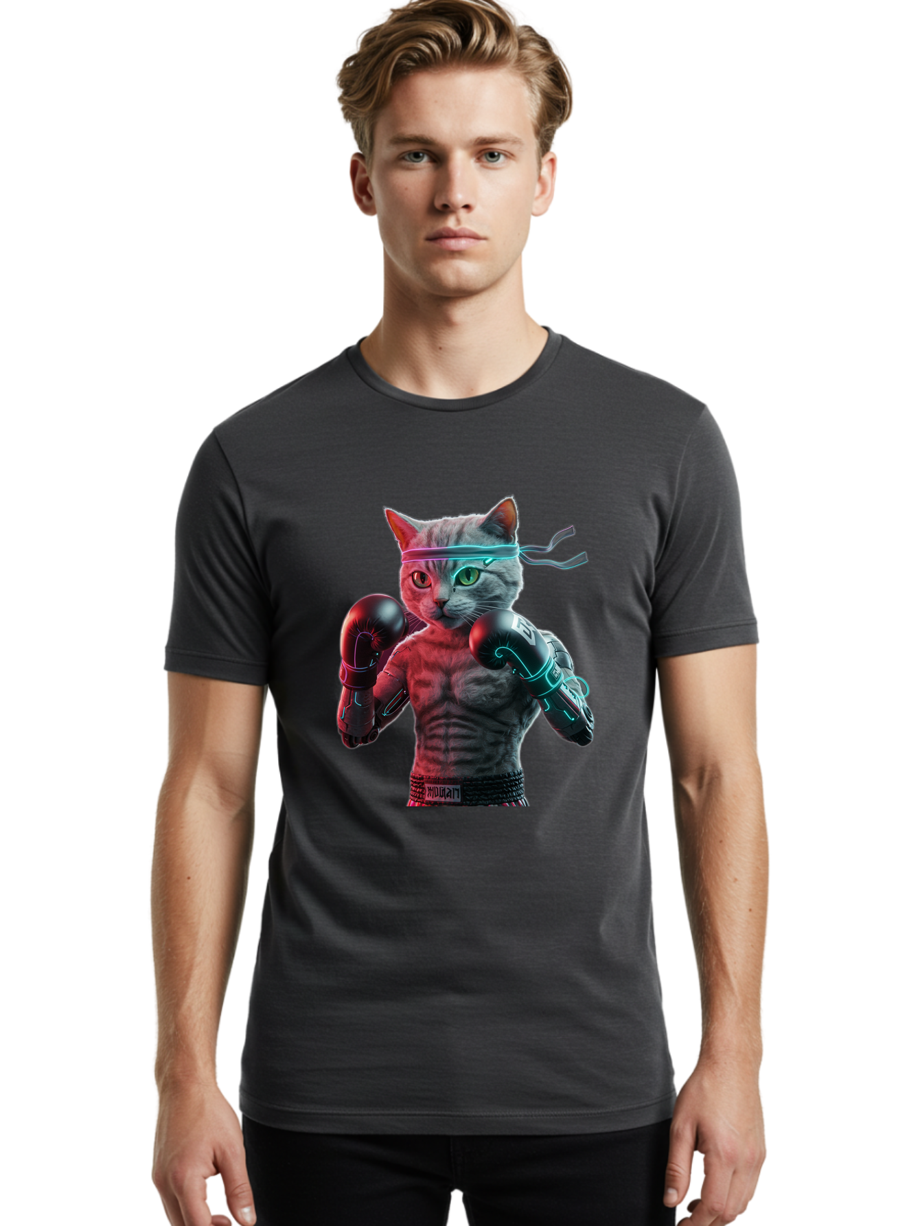 Futuristic-Cat-Boxer Men'S Graphic Tee, 100% Cotton, Comfortable Casual Summer Wear, Machine Washable, Cat Wearing Boxing Gloves, Futuristic Cat, Muscular Body, Cyberpunk Style, Neon Lights, Athletic Pose, Fighting Stance, Boxing Cat Bae455 21