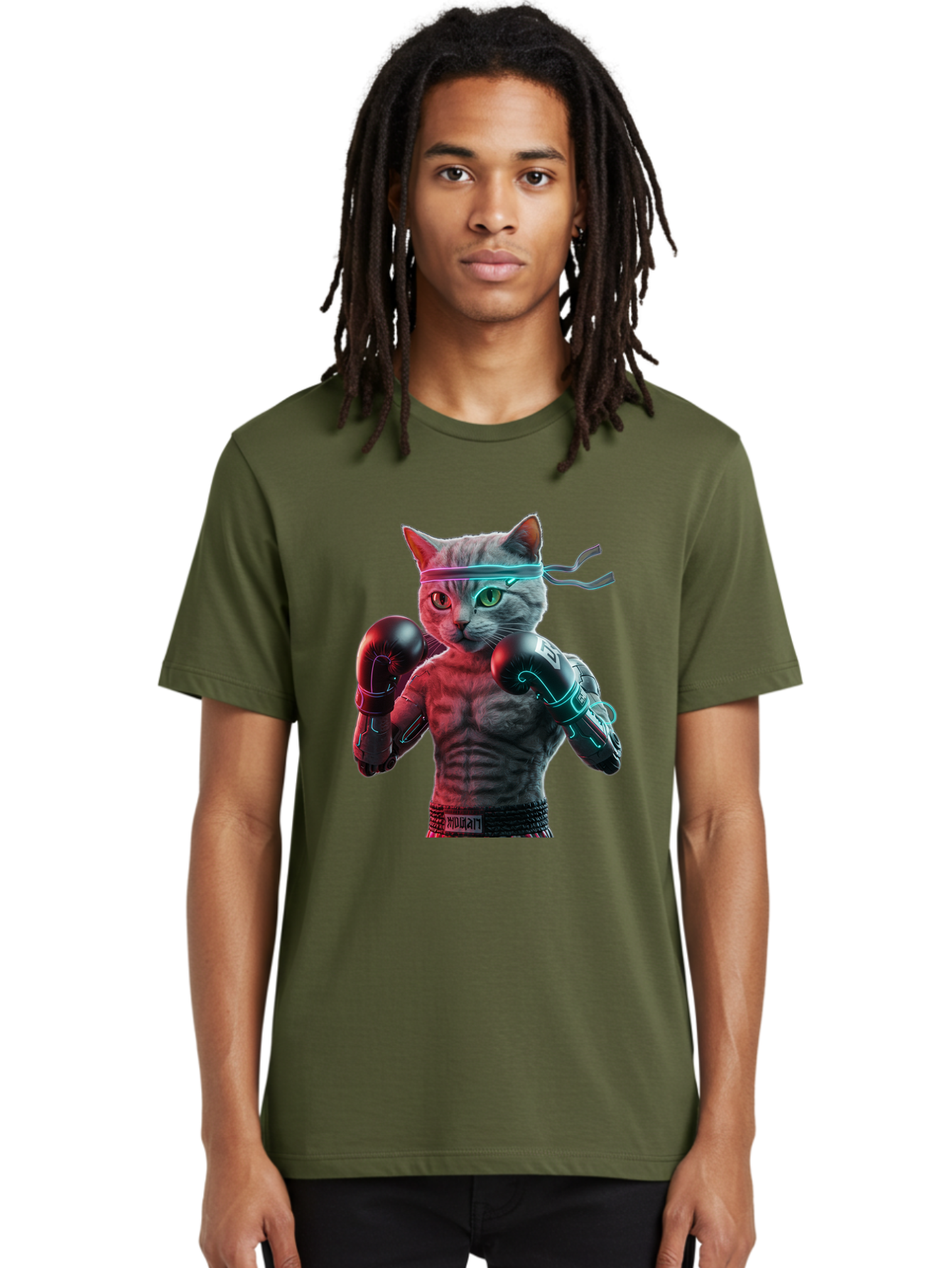 Futuristic-Cat-Boxer Men'S Graphic Tee, 100% Cotton, Comfortable Casual Summer Wear, Machine Washable, Cat Wearing Boxing Gloves, Futuristic Cat, Muscular Body, Cyberpunk Style, Neon Lights, Athletic Pose, Fighting Stance, Boxing Cat Bae455 25