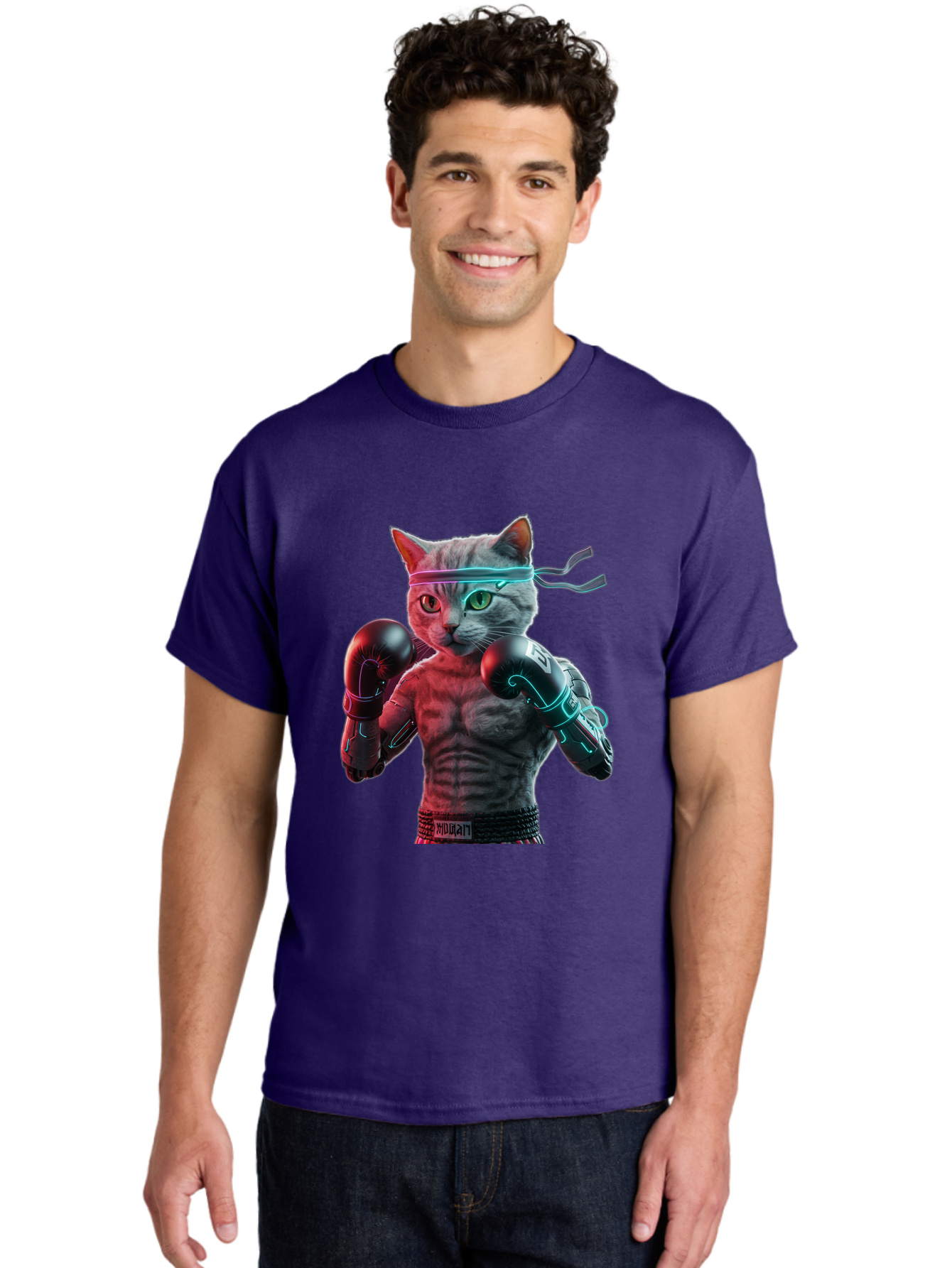 Futuristic-Cat-Boxer Men'S Graphic Tee, 100% Cotton, Comfortable Casual Summer Wear, Machine Washable, Cat Wearing Boxing Gloves, Futuristic Cat, Muscular Body, Cyberpunk Style, Neon Lights, Athletic Pose, Fighting Stance, Boxing Cat Bae455 18