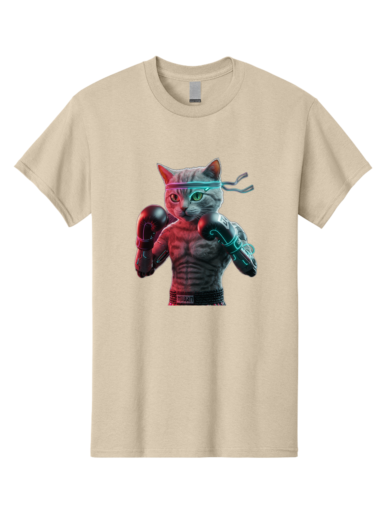 Futuristic-Cat-Boxer Men'S Graphic Tee, 100% Cotton, Comfortable Casual Summer Wear, Machine Washable, Cat Wearing Boxing Gloves, Futuristic Cat, Muscular Body, Cyberpunk Style, Neon Lights, Athletic Pose, Fighting Stance, Boxing Cat Bae455 7