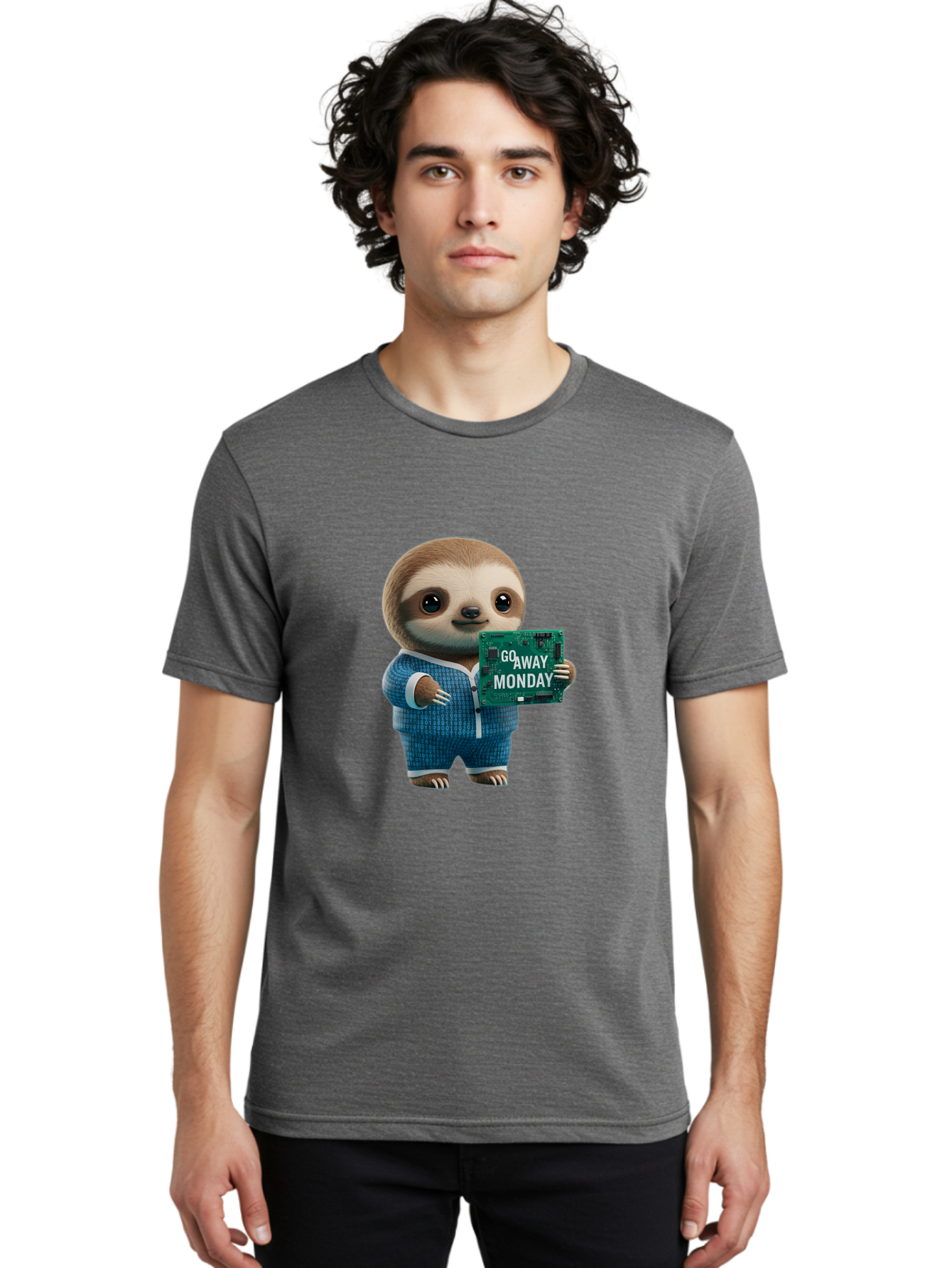 Go-Away-Monday-Sloth-2 Men'S Graphic Tee, 100% Cotton, Comfortable Casual Summer Wear, Machine Washable, Funny Sloth In Pajamas, Lazy Sloth Mascot, Cartoon Character Holding Sign, Go Away Monday, Humorous Illustration, Monday Motivation, Bae458 25