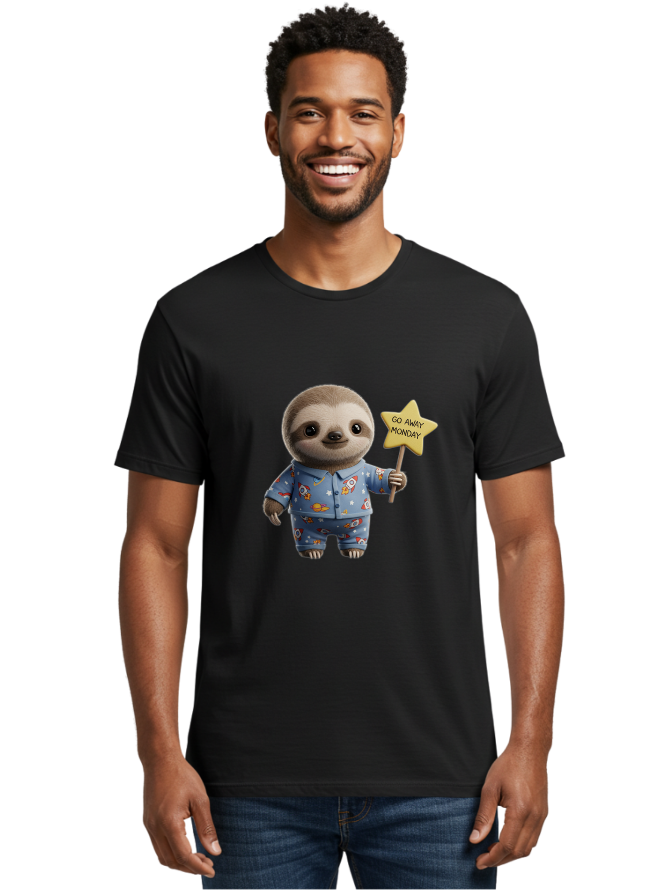 Go-Away-Monday-Sloth-3 Men'S Graphic Tee, 100% Cotton, Comfortable Casual Summer Wear, Machine Washable, Cute Sloth, Funny Sloth, Sloth In Pajamas, Space Themed, Cartoon Character, Go Away Monday Sign, Humorous Illustration, Quirky Design, Bae459 25