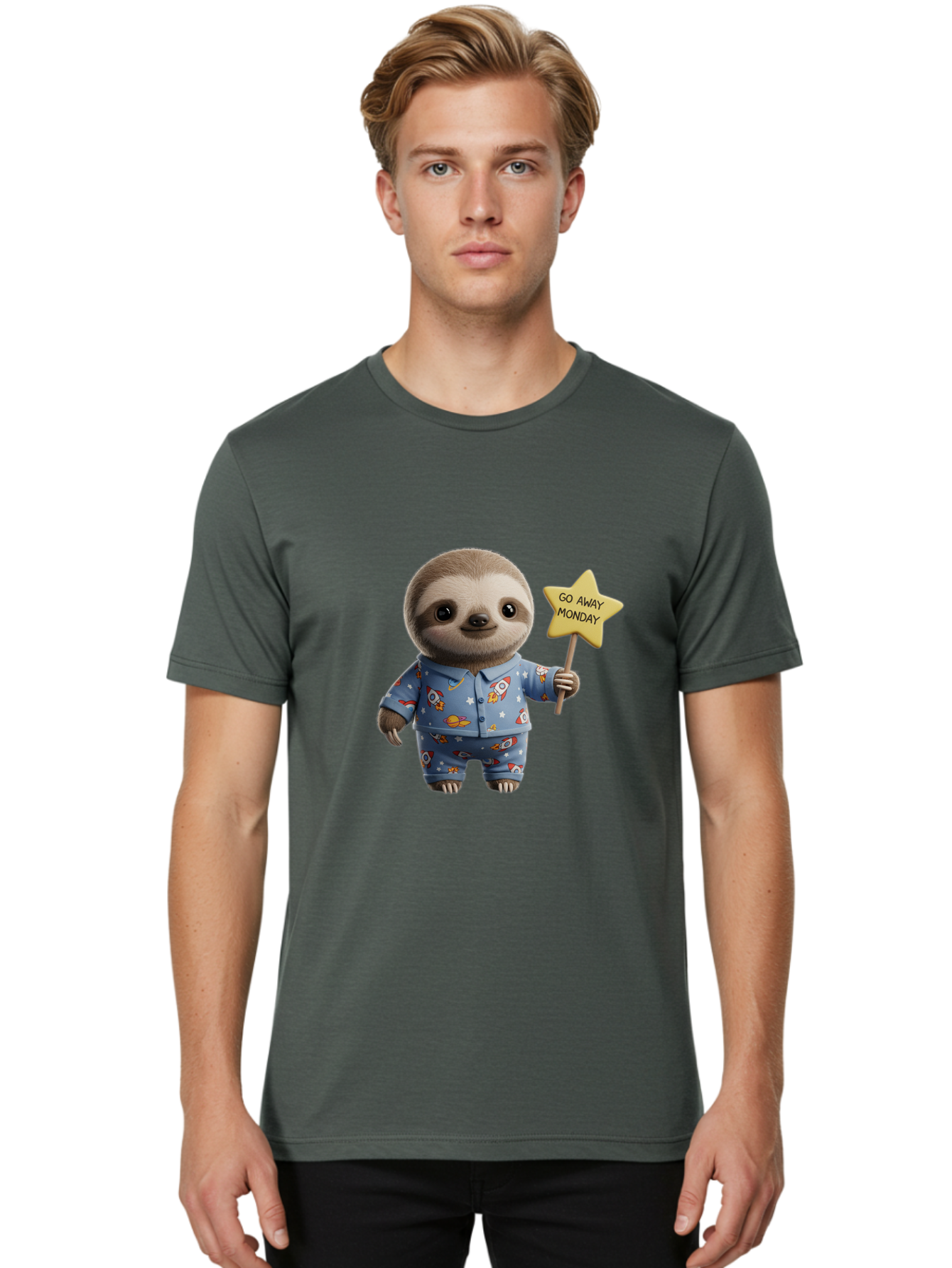 Go-Away-Monday-Sloth-3 Men'S Graphic Tee, 100% Cotton, Comfortable Casual Summer Wear, Machine Washable, Cute Sloth, Funny Sloth, Sloth In Pajamas, Space Themed, Cartoon Character, Go Away Monday Sign, Humorous Illustration, Quirky Design, Bae459 23