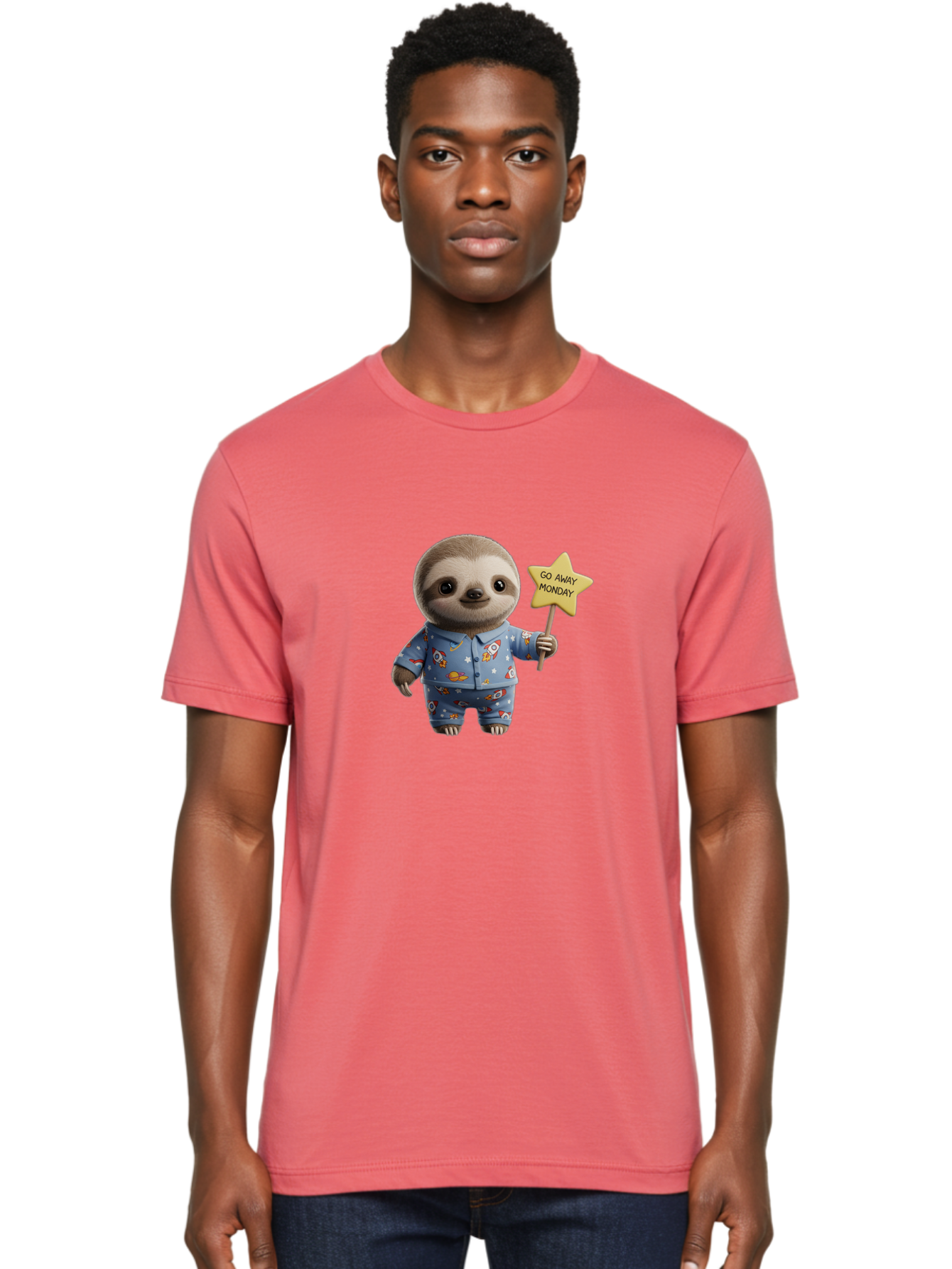 Go-Away-Monday-Sloth-3 Men'S Graphic Tee, 100% Cotton, Comfortable Casual Summer Wear, Machine Washable, Cute Sloth, Funny Sloth, Sloth In Pajamas, Space Themed, Cartoon Character, Go Away Monday Sign, Humorous Illustration, Quirky Design, Bae459 28
