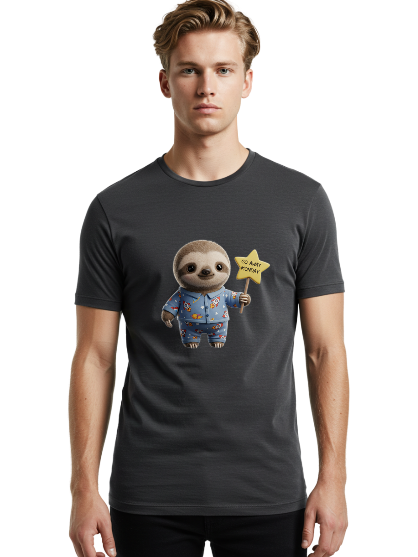 Go-Away-Monday-Sloth-3 Men'S Graphic Tee, 100% Cotton, Comfortable Casual Summer Wear, Machine Washable, Cute Sloth, Funny Sloth, Sloth In Pajamas, Space Themed, Cartoon Character, Go Away Monday Sign, Humorous Illustration, Quirky Design, Bae459 17