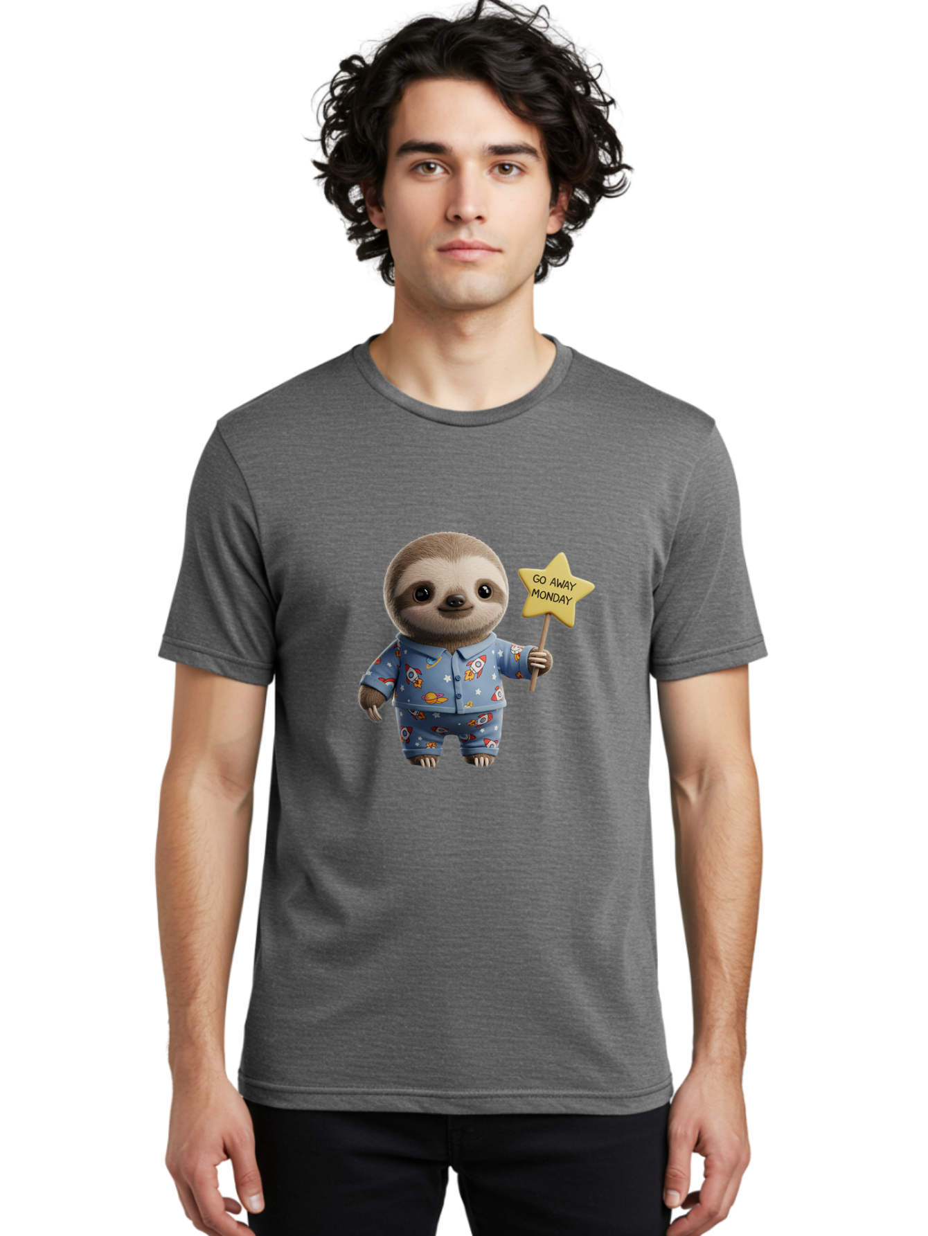 Go-Away-Monday-Sloth-3 Men'S Graphic Tee, 100% Cotton, Comfortable Casual Summer Wear, Machine Washable, Cute Sloth, Funny Sloth, Sloth In Pajamas, Space Themed, Cartoon Character, Go Away Monday Sign, Humorous Illustration, Quirky Design, Bae459 21