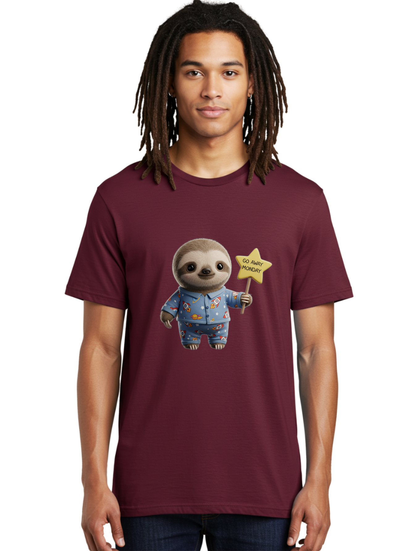 Go-Away-Monday-Sloth-3 Men'S Graphic Tee, 100% Cotton, Comfortable Casual Summer Wear, Machine Washable, Cute Sloth, Funny Sloth, Sloth In Pajamas, Space Themed, Cartoon Character, Go Away Monday Sign, Humorous Illustration, Quirky Design, Bae459 24