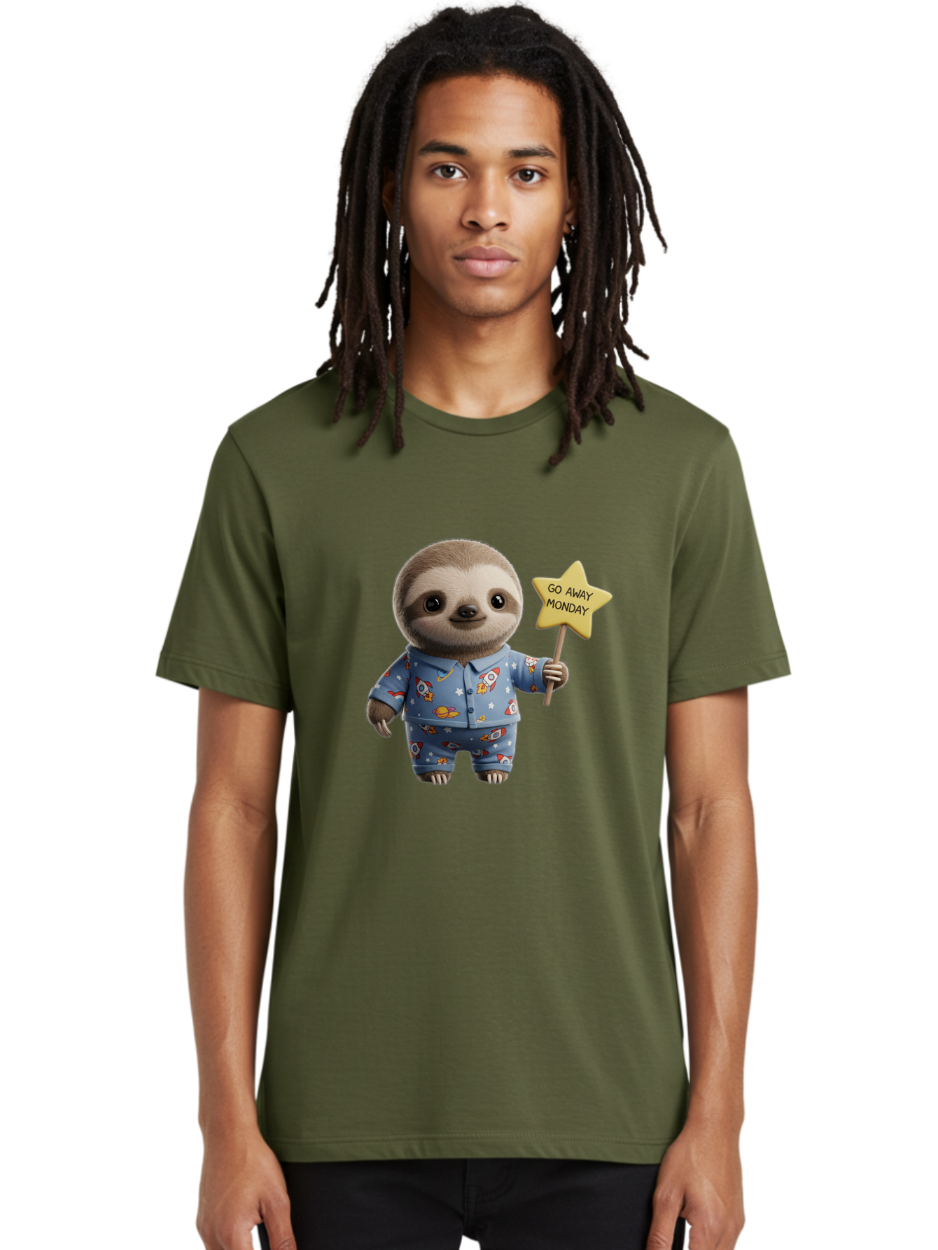 Go-Away-Monday-Sloth-3 Men'S Graphic Tee, 100% Cotton, Comfortable Casual Summer Wear, Machine Washable, Cute Sloth, Funny Sloth, Sloth In Pajamas, Space Themed, Cartoon Character, Go Away Monday Sign, Humorous Illustration, Quirky Design, Bae459 18