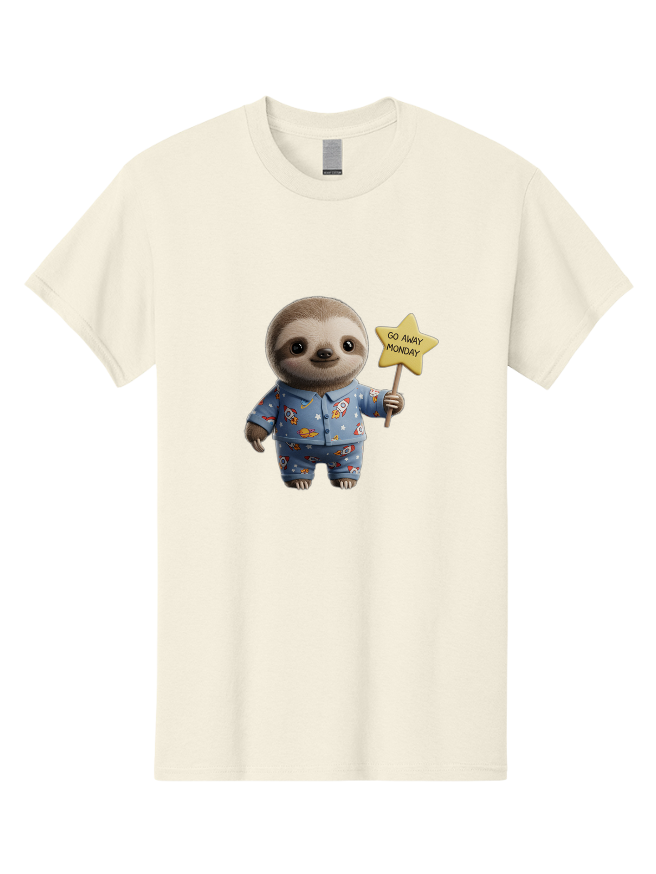 Go-Away-Monday-Sloth-3 Men'S Graphic Tee, 100% Cotton, Comfortable Casual Summer Wear, Machine Washable, Cute Sloth, Funny Sloth, Sloth In Pajamas, Space Themed, Cartoon Character, Go Away Monday Sign, Humorous Illustration, Quirky Design, Bae459 12