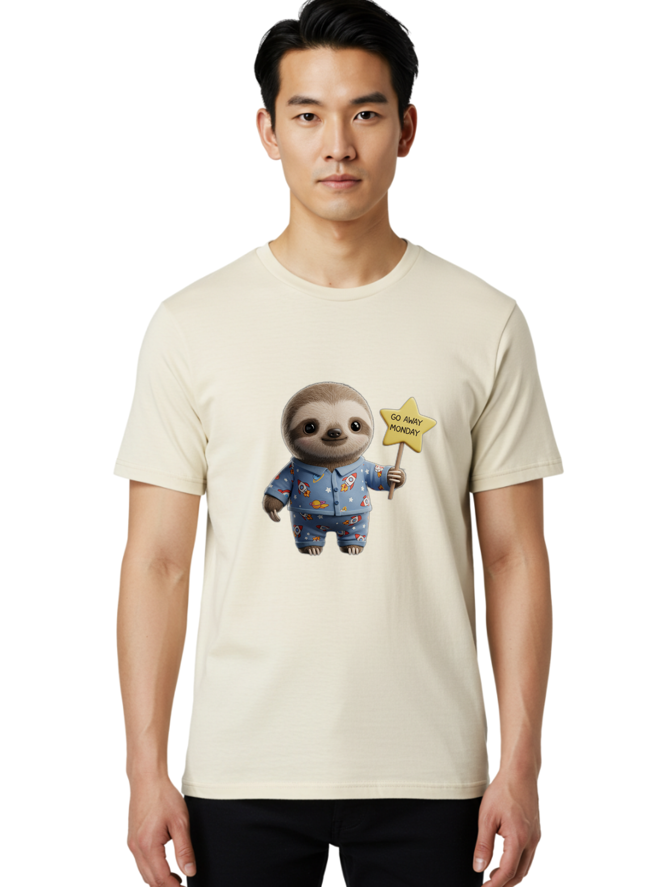 Go-Away-Monday-Sloth-3 Men'S Graphic Tee, 100% Cotton, Comfortable Casual Summer Wear, Machine Washable, Cute Sloth, Funny Sloth, Sloth In Pajamas, Space Themed, Cartoon Character, Go Away Monday Sign, Humorous Illustration, Quirky Design, Bae459 27