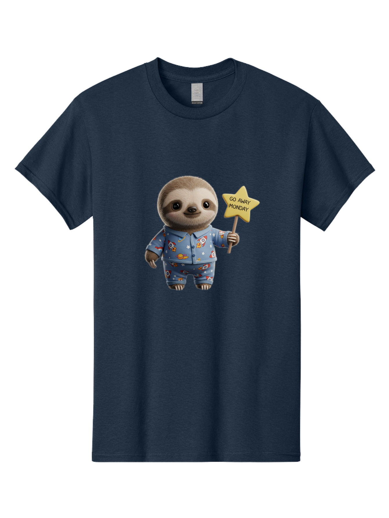 Go-Away-Monday-Sloth-3 Men'S Graphic Tee, 100% Cotton, Comfortable Casual Summer Wear, Machine Washable, Cute Sloth, Funny Sloth, Sloth In Pajamas, Space Themed, Cartoon Character, Go Away Monday Sign, Humorous Illustration, Quirky Design, Bae459 15