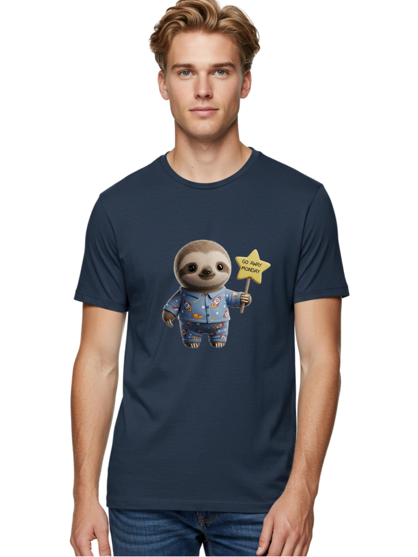 Go-Away-Monday-Sloth-3 Men'S Graphic Tee, 100% Cotton, Comfortable Casual Summer Wear, Machine Washable, Cute Sloth, Funny Sloth, Sloth In Pajamas, Space Themed, Cartoon Character, Go Away Monday Sign, Humorous Illustration, Quirky Design, Bae459 30