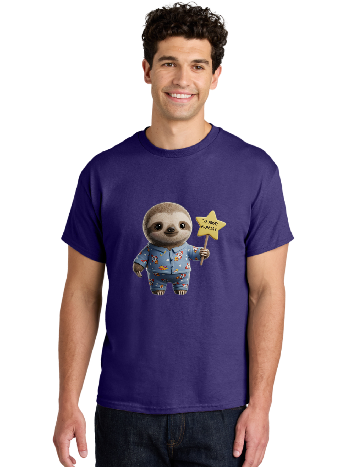 Go-Away-Monday-Sloth-3 Men'S Graphic Tee, 100% Cotton, Comfortable Casual Summer Wear, Machine Washable, Cute Sloth, Funny Sloth, Sloth In Pajamas, Space Themed, Cartoon Character, Go Away Monday Sign, Humorous Illustration, Quirky Design, Bae459 26